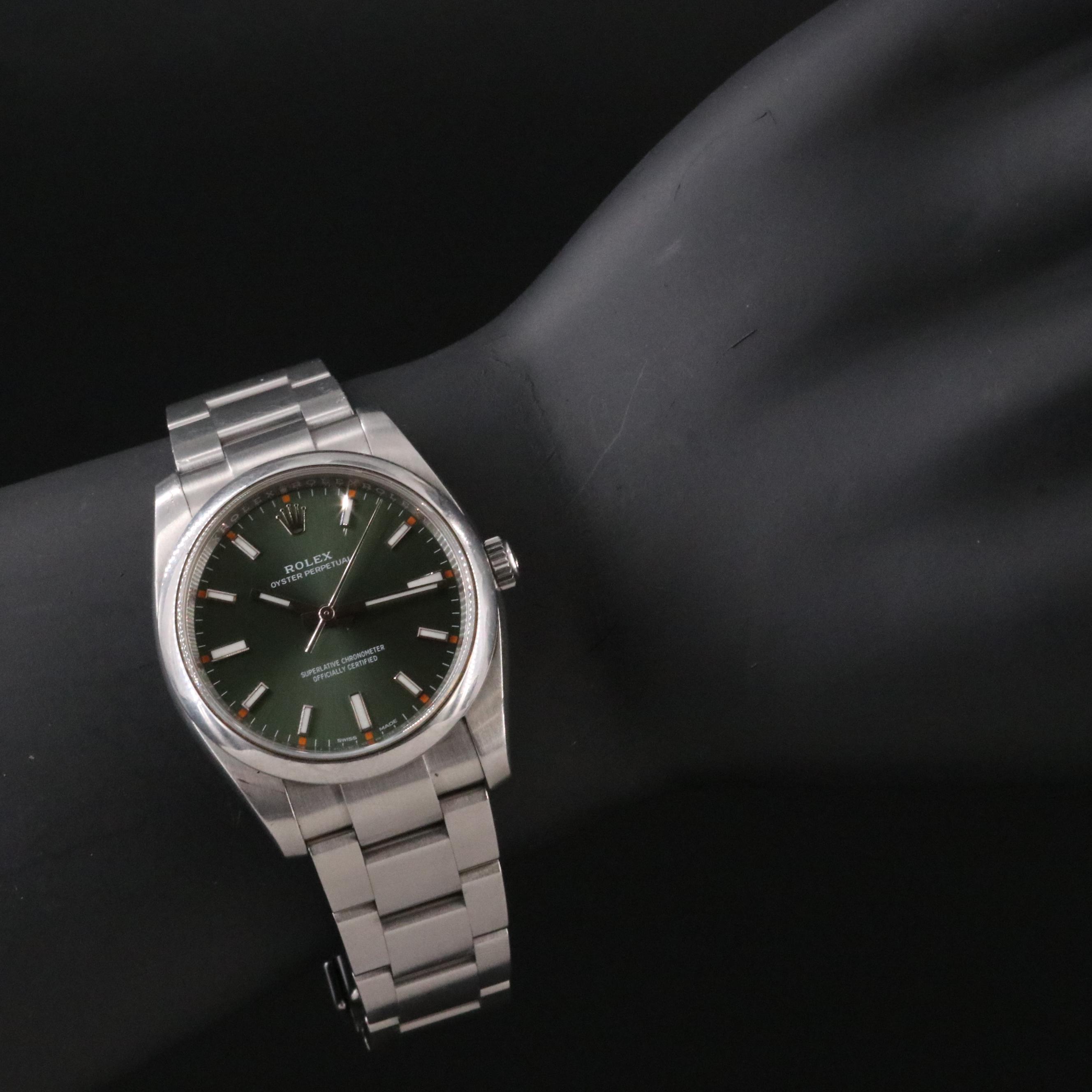 Rolex Oyster Perpetual 114200 Olive Green 34mm Steel Automatic Watch