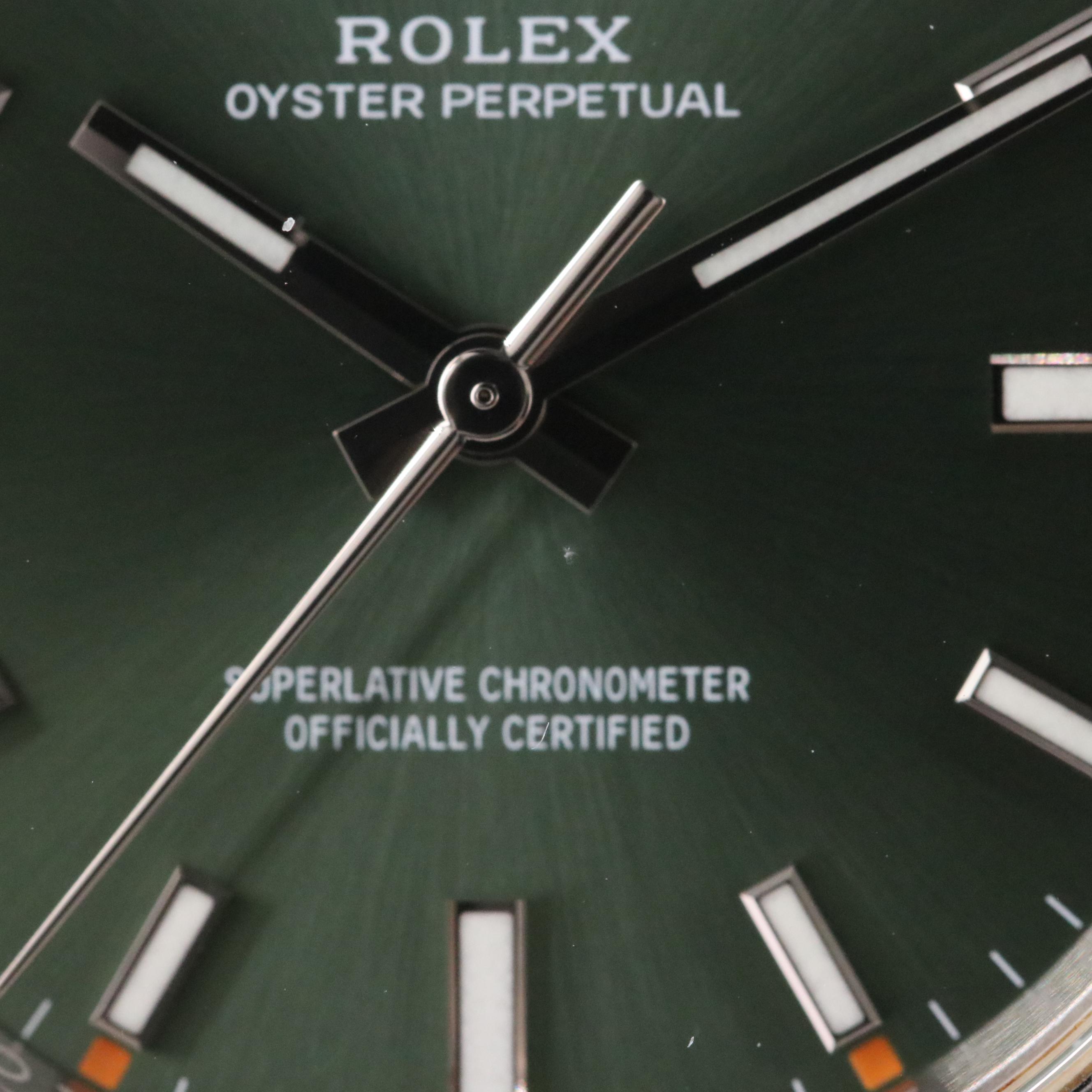 Rolex Oyster Perpetual 114200 Olive Green 34mm Steel Automatic Watch