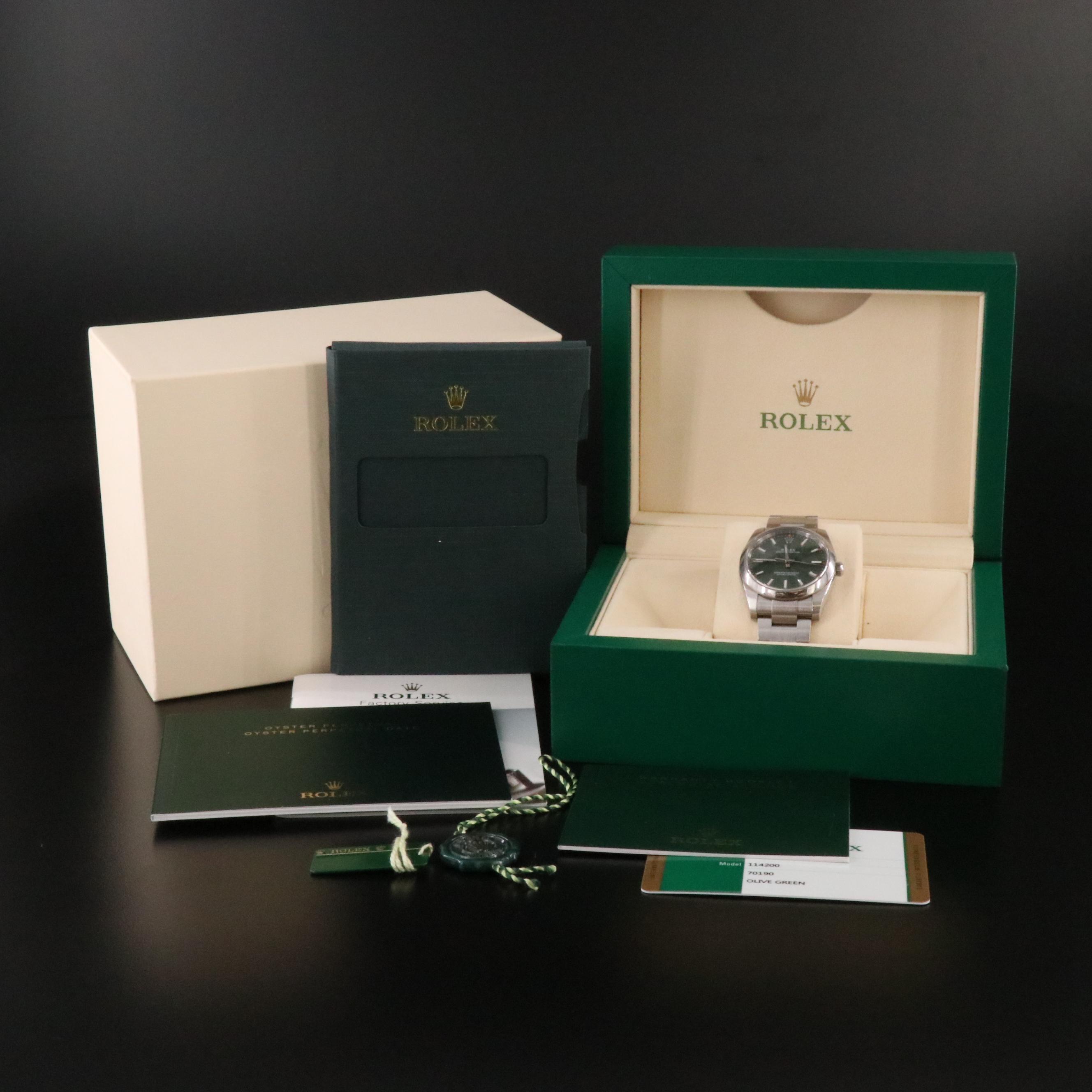 Rolex Oyster Perpetual 114200 Olive Green 34mm Steel Automatic Watch