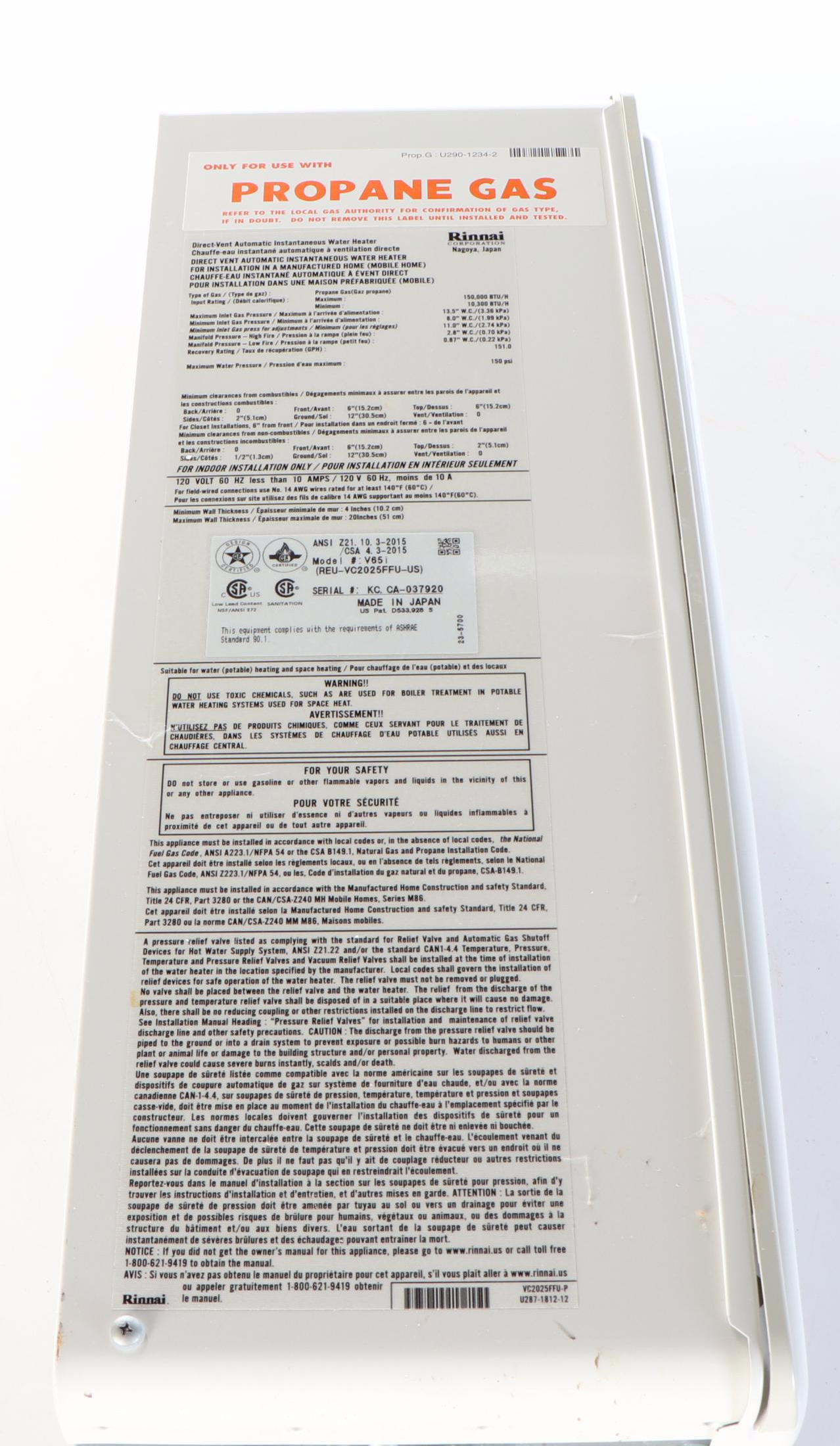 Rinnai V65i Gas-Powered Tankless Water Heater, 2015