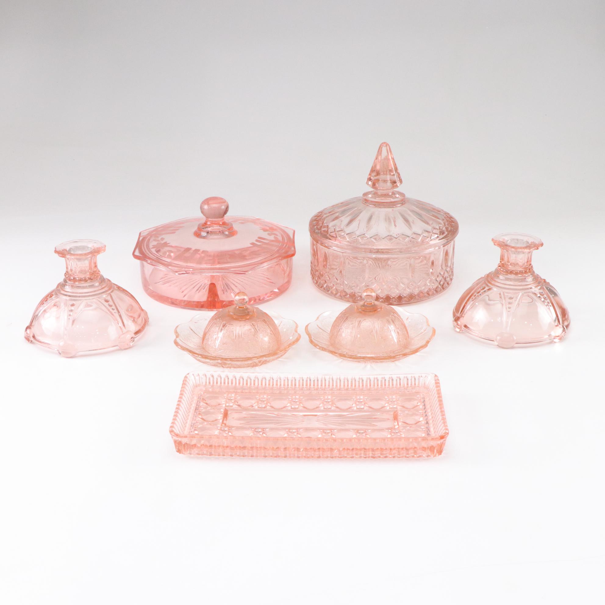 Pink Depression Era Glass "Oyster & Pearl" Candle Holders & Other Tableware