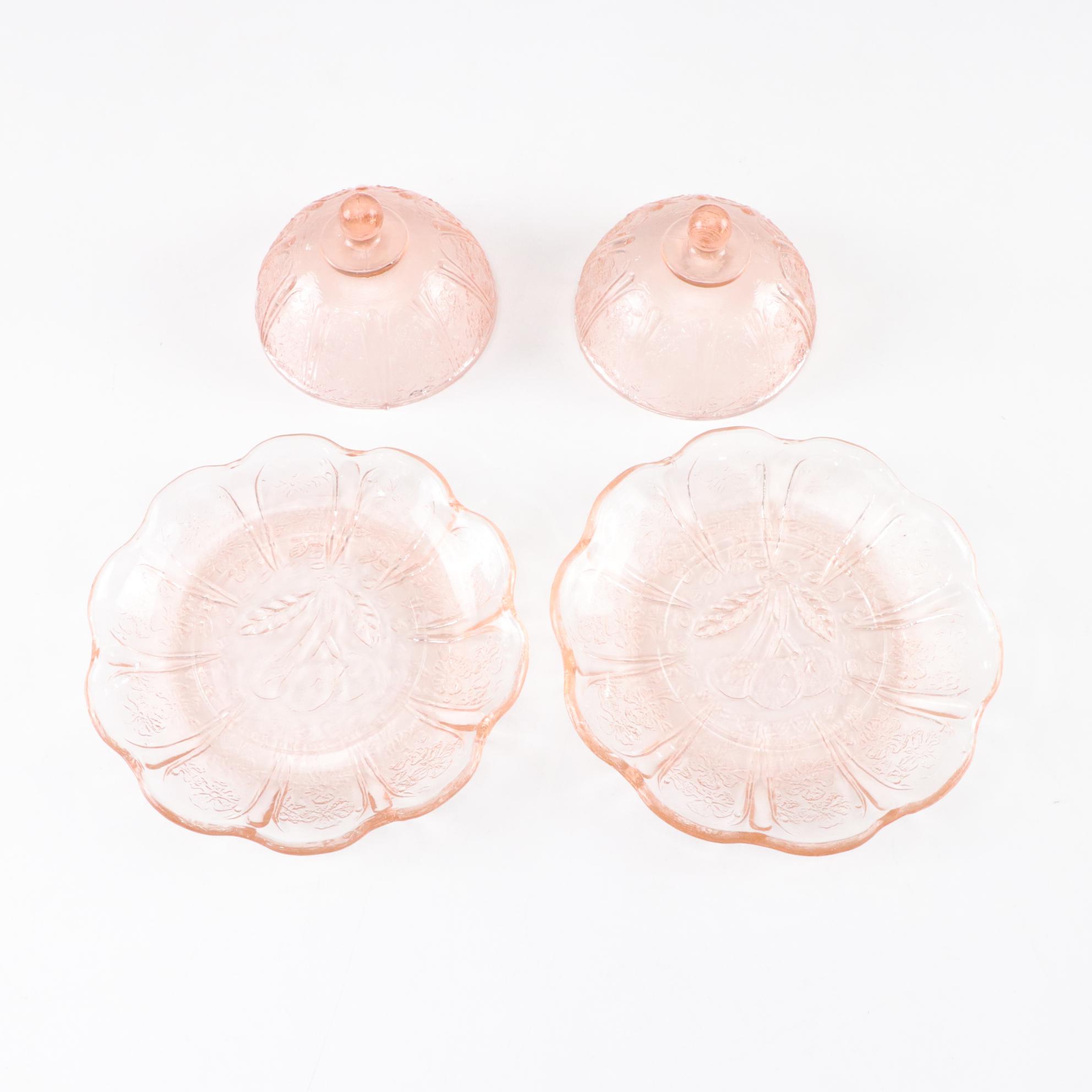 Pink Depression Era Glass "Oyster & Pearl" Candle Holders & Other Tableware