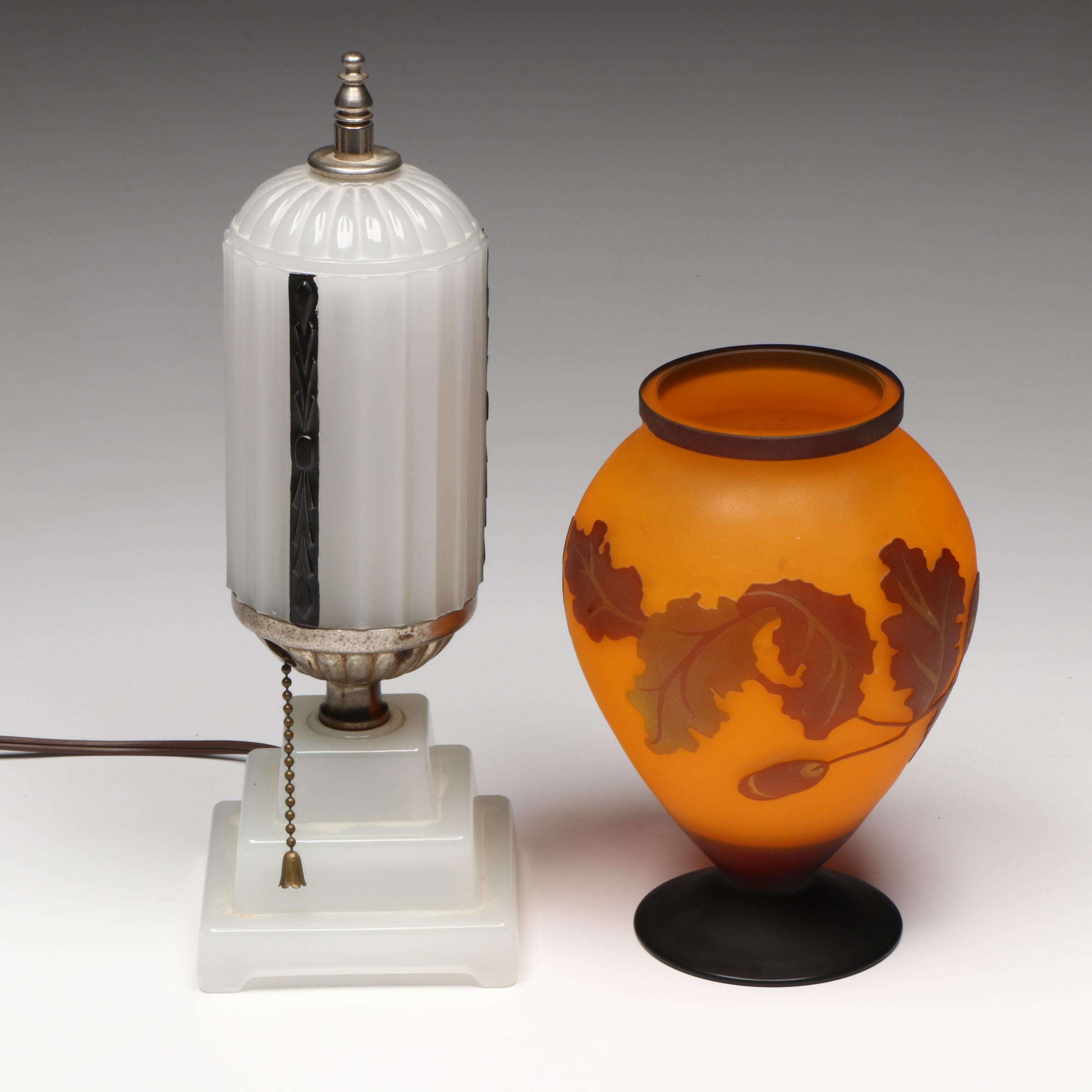 Oak Tree Cameo Glass Vase with Art Deco Milk Glass Boudoir Lamp