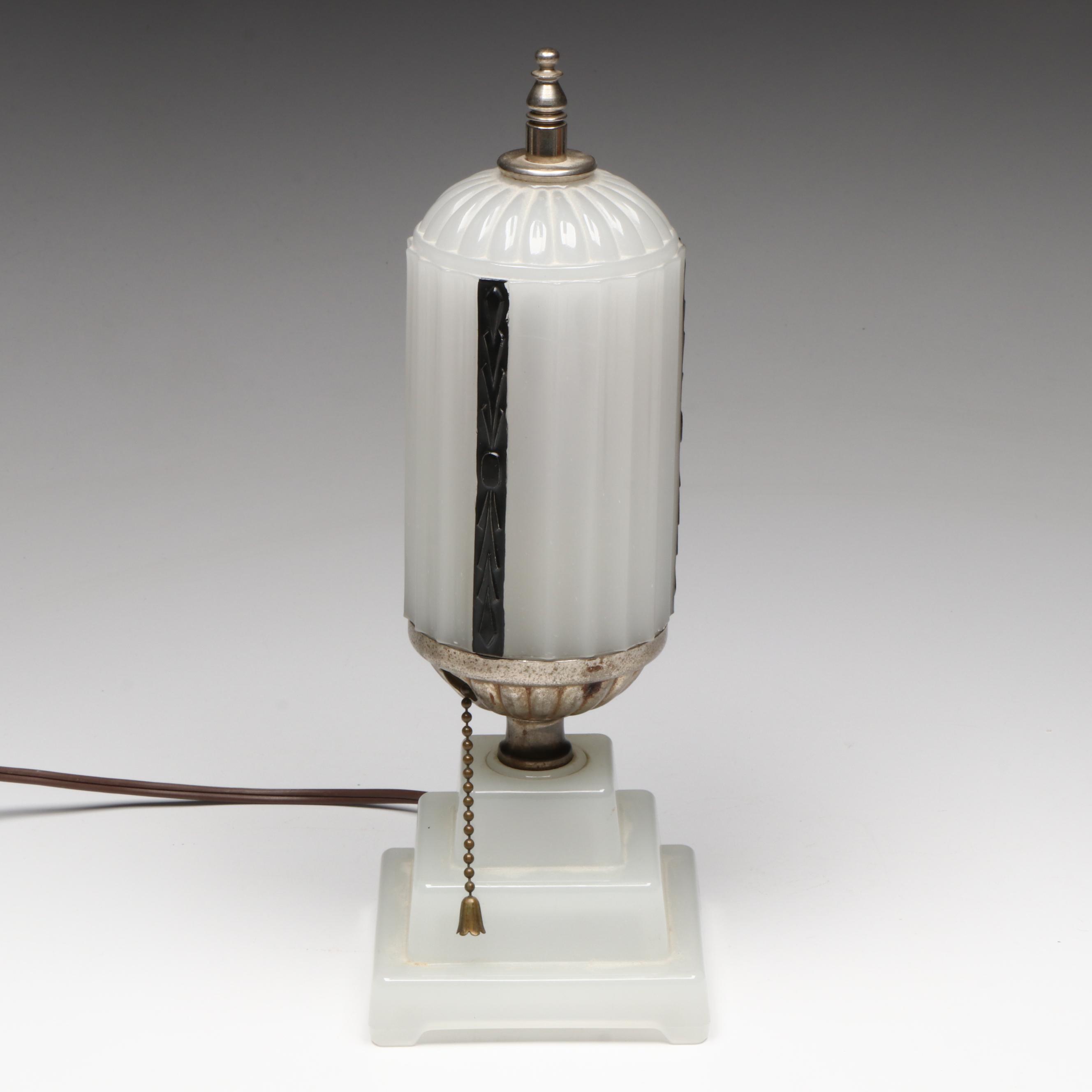 Oak Tree Cameo Glass Vase with Art Deco Milk Glass Boudoir Lamp