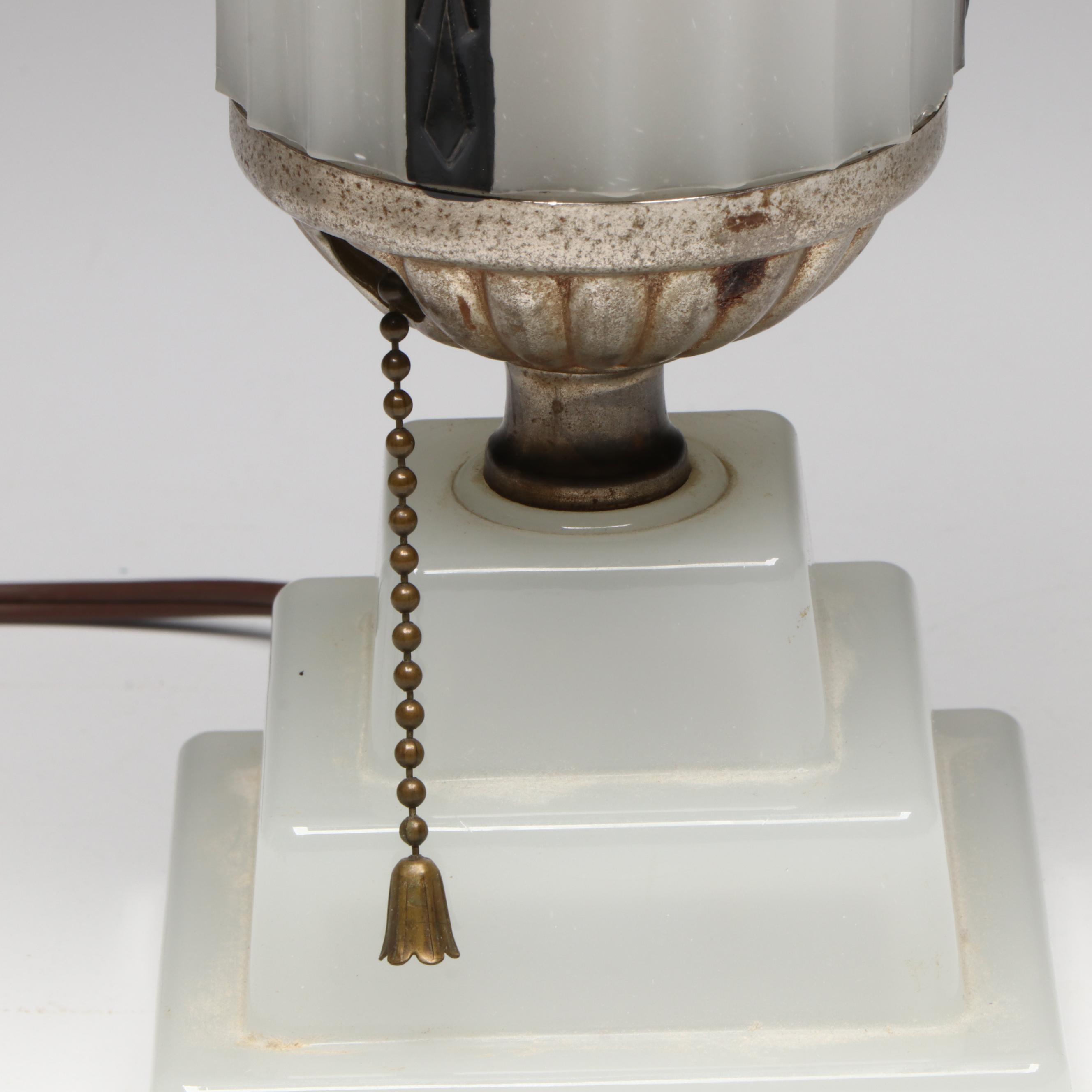 Oak Tree Cameo Glass Vase with Art Deco Milk Glass Boudoir Lamp