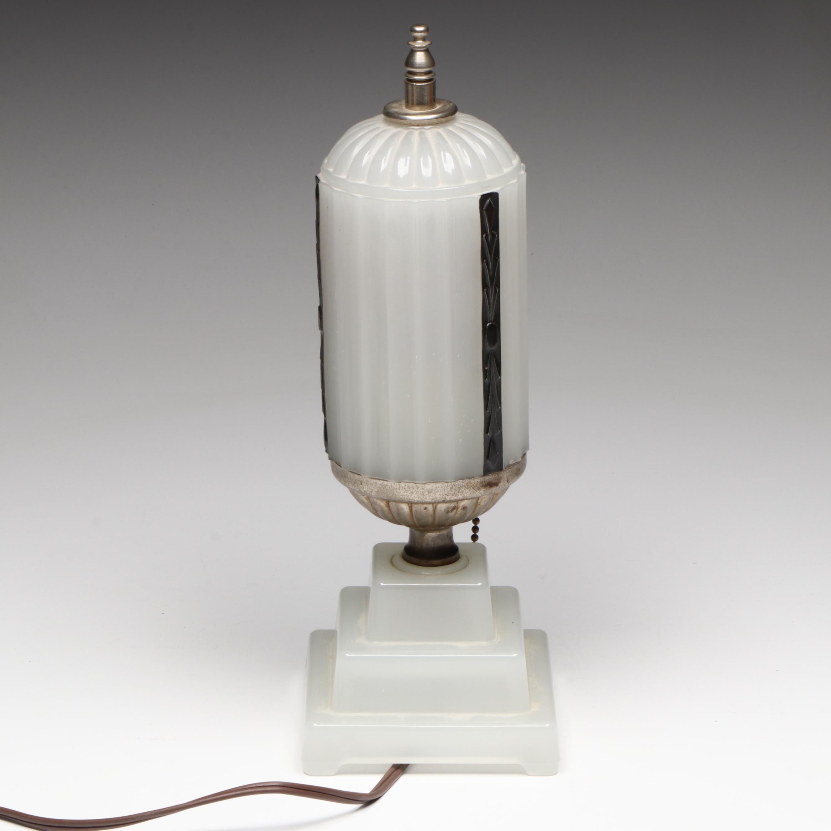 Oak Tree Cameo Glass Vase with Art Deco Milk Glass Boudoir Lamp