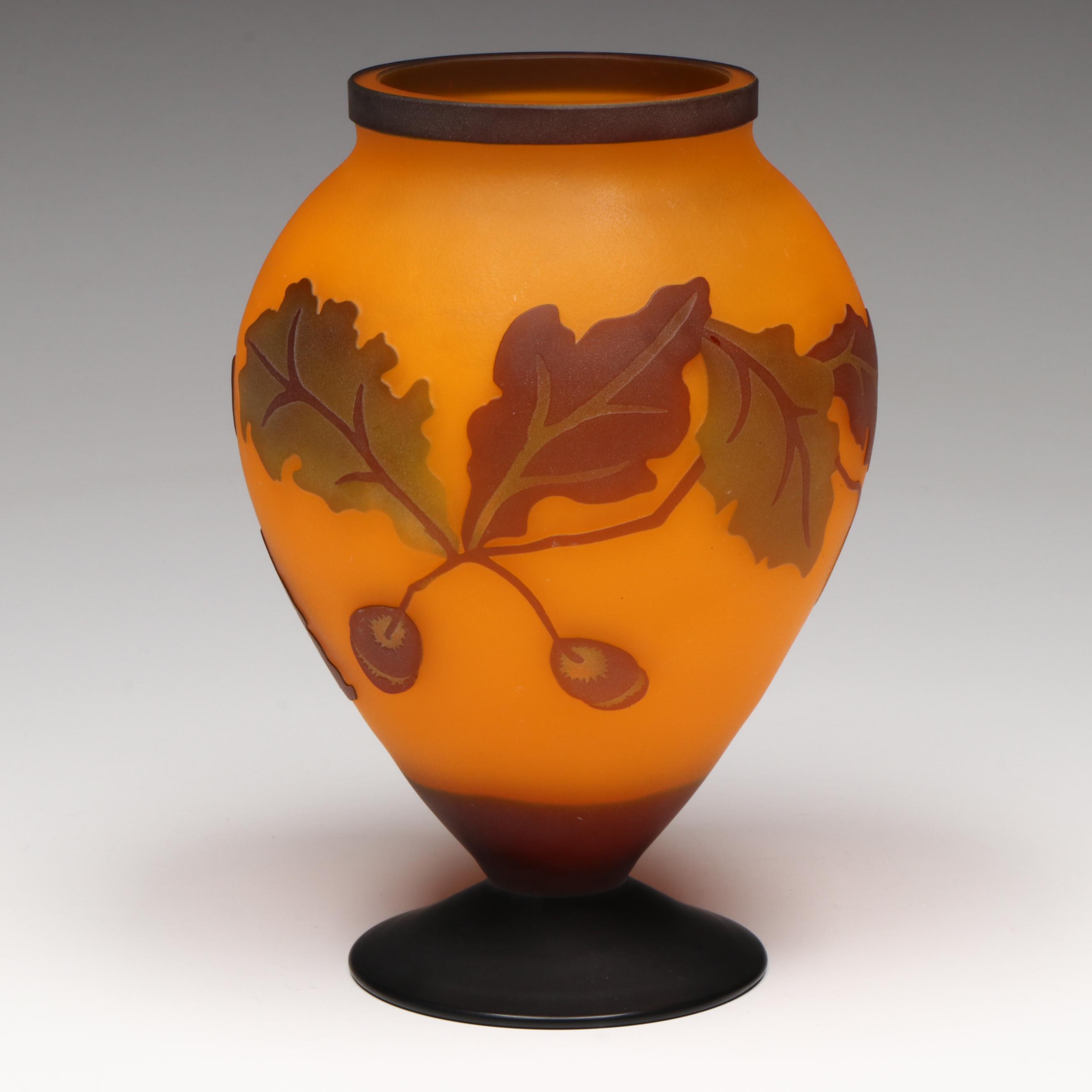 Oak Tree Cameo Glass Vase with Art Deco Milk Glass Boudoir Lamp