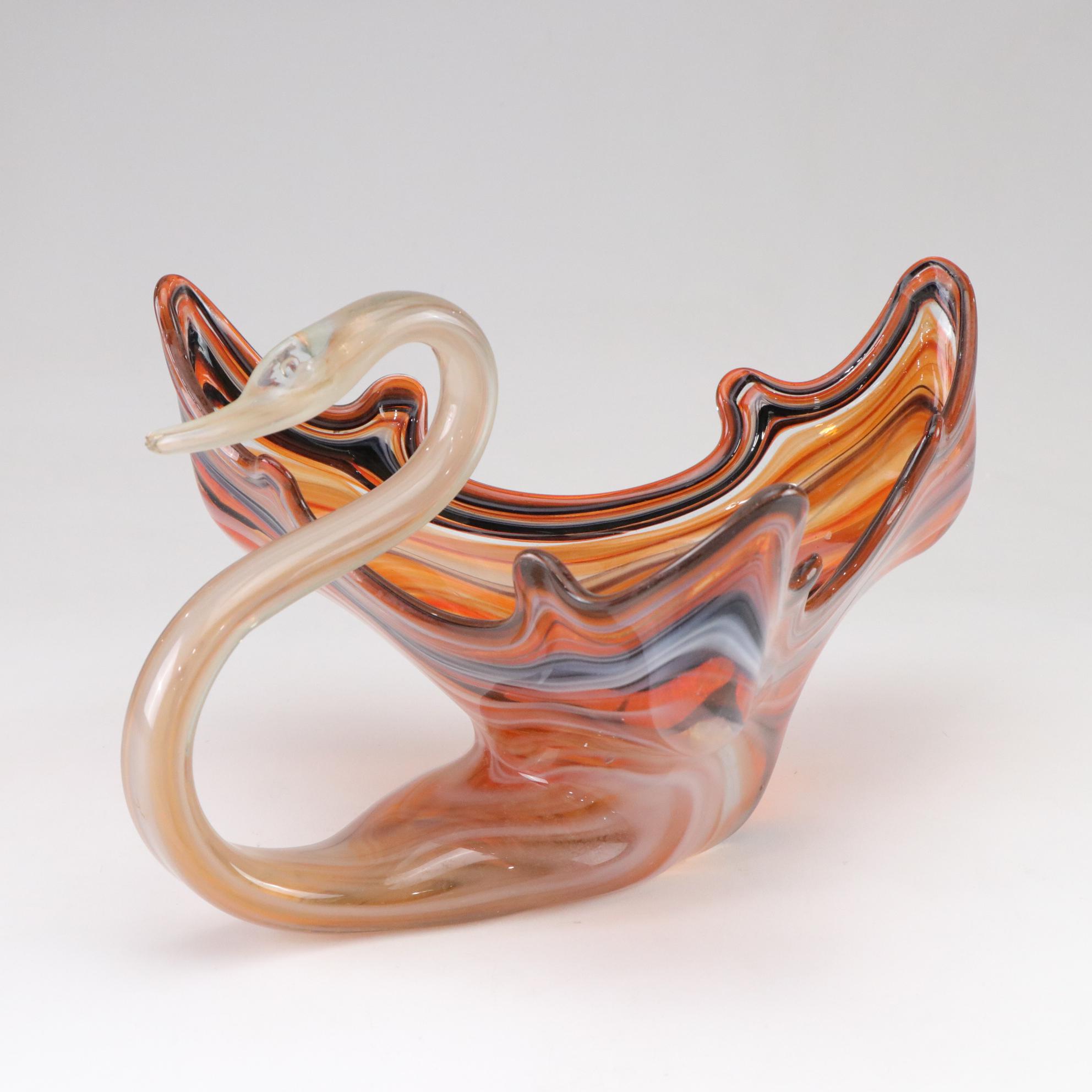 Mid Century Modern Style Striped Swan in Art Glass Centerpiece Bowl