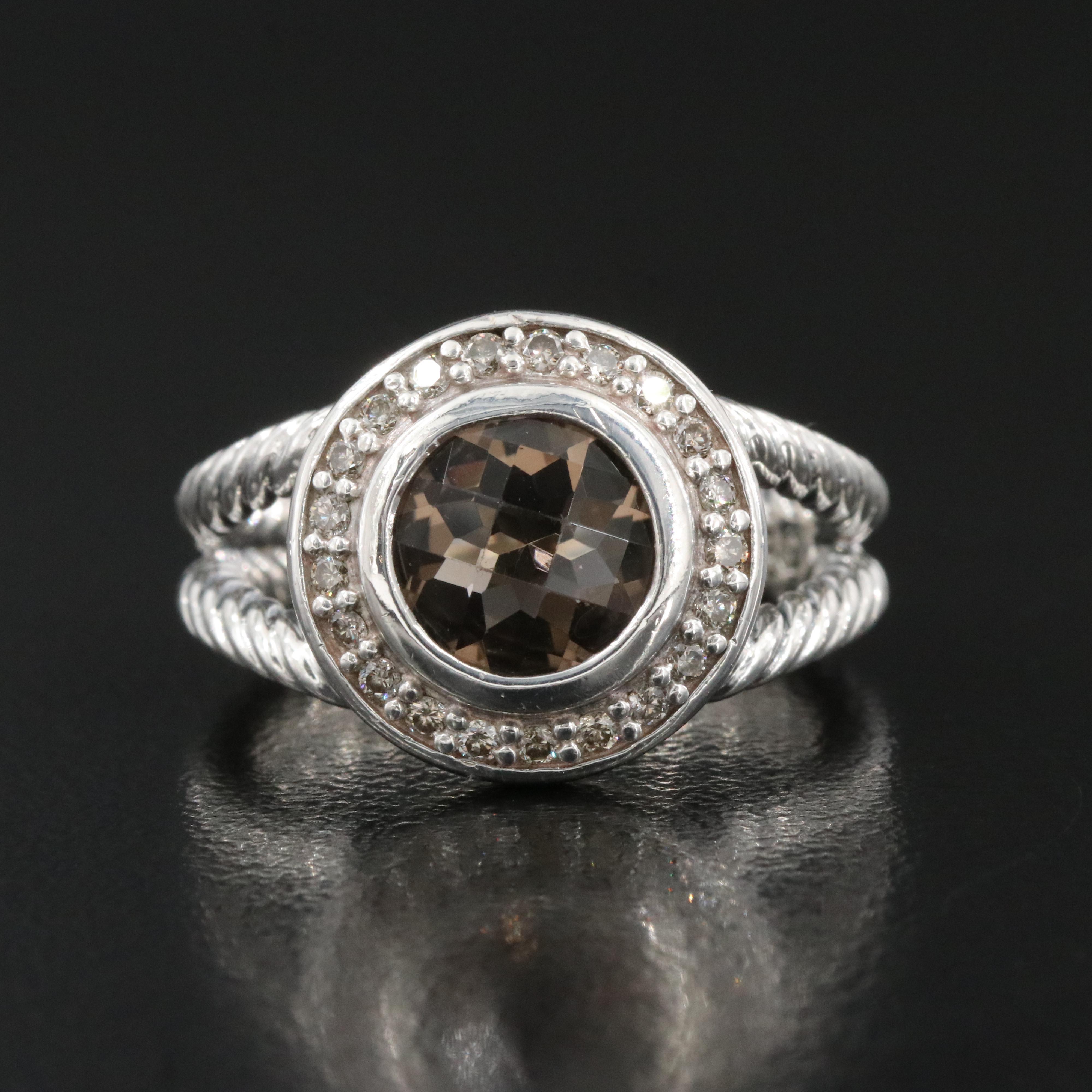 David Yurman Albion Sterling Smoky Quartz and Diamond Ring