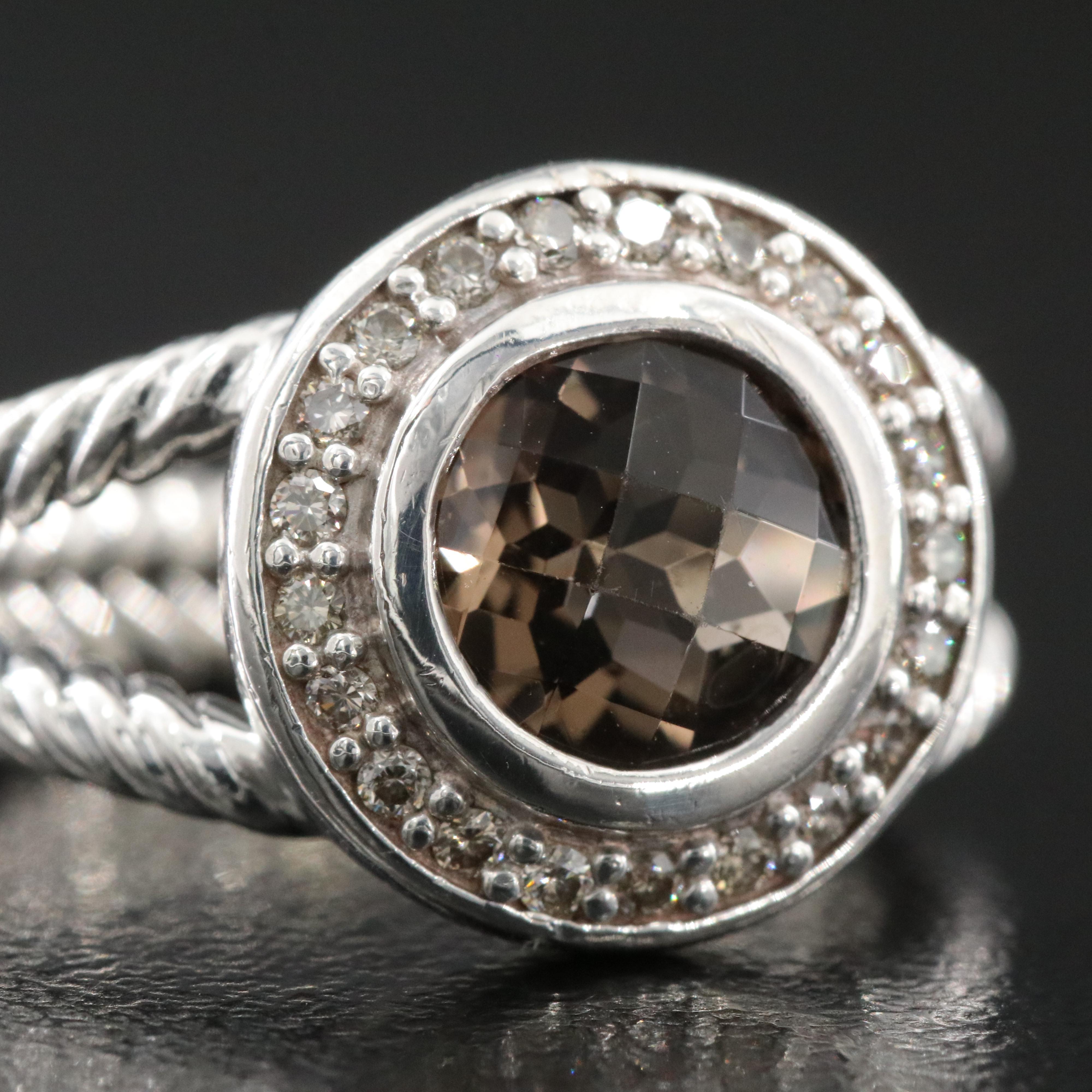 David Yurman Albion Sterling Smoky Quartz and Diamond Ring