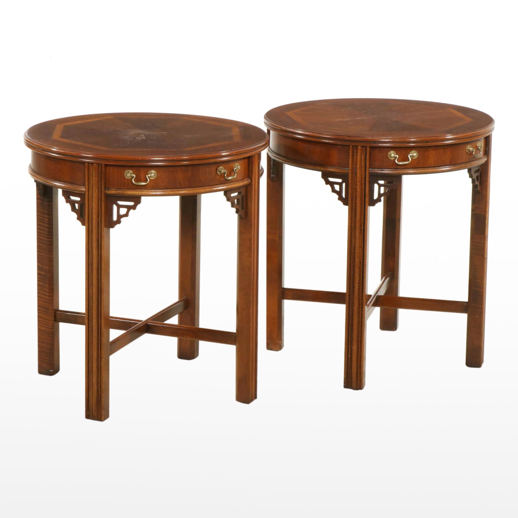Pair of Lane Chinese Chippendale Style Banded Mahogany Round Side Tables