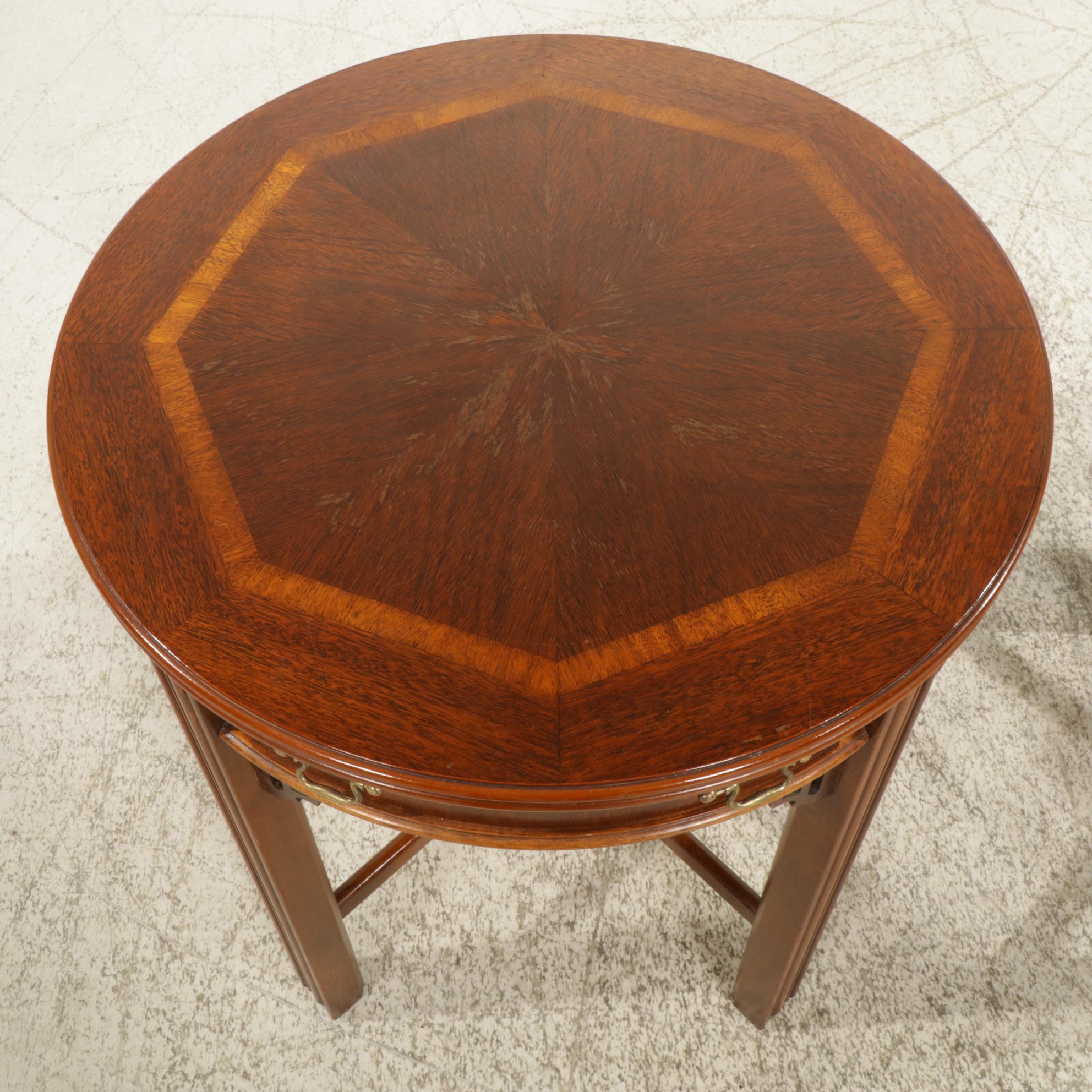 Pair of Lane Chinese Chippendale Style Banded Mahogany Round Side Tables