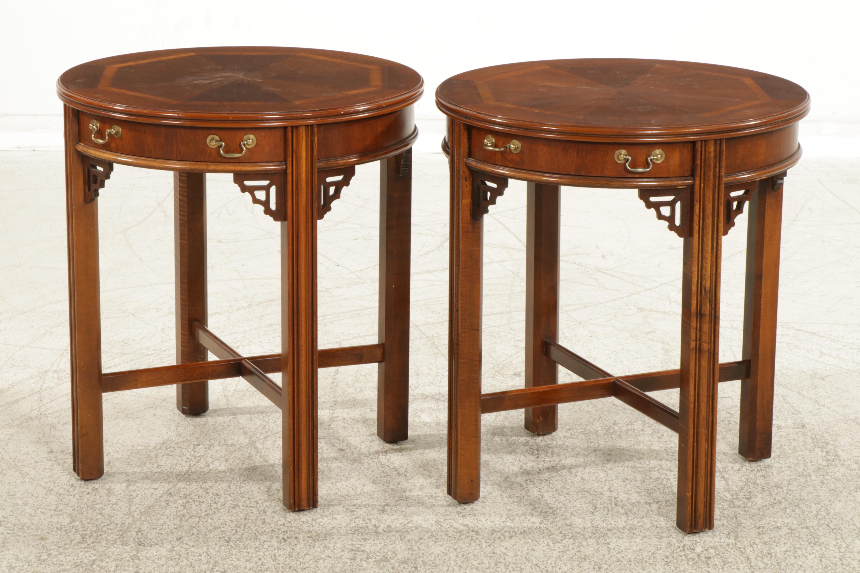 Pair of Lane Chinese Chippendale Style Banded Mahogany Round Side Tables