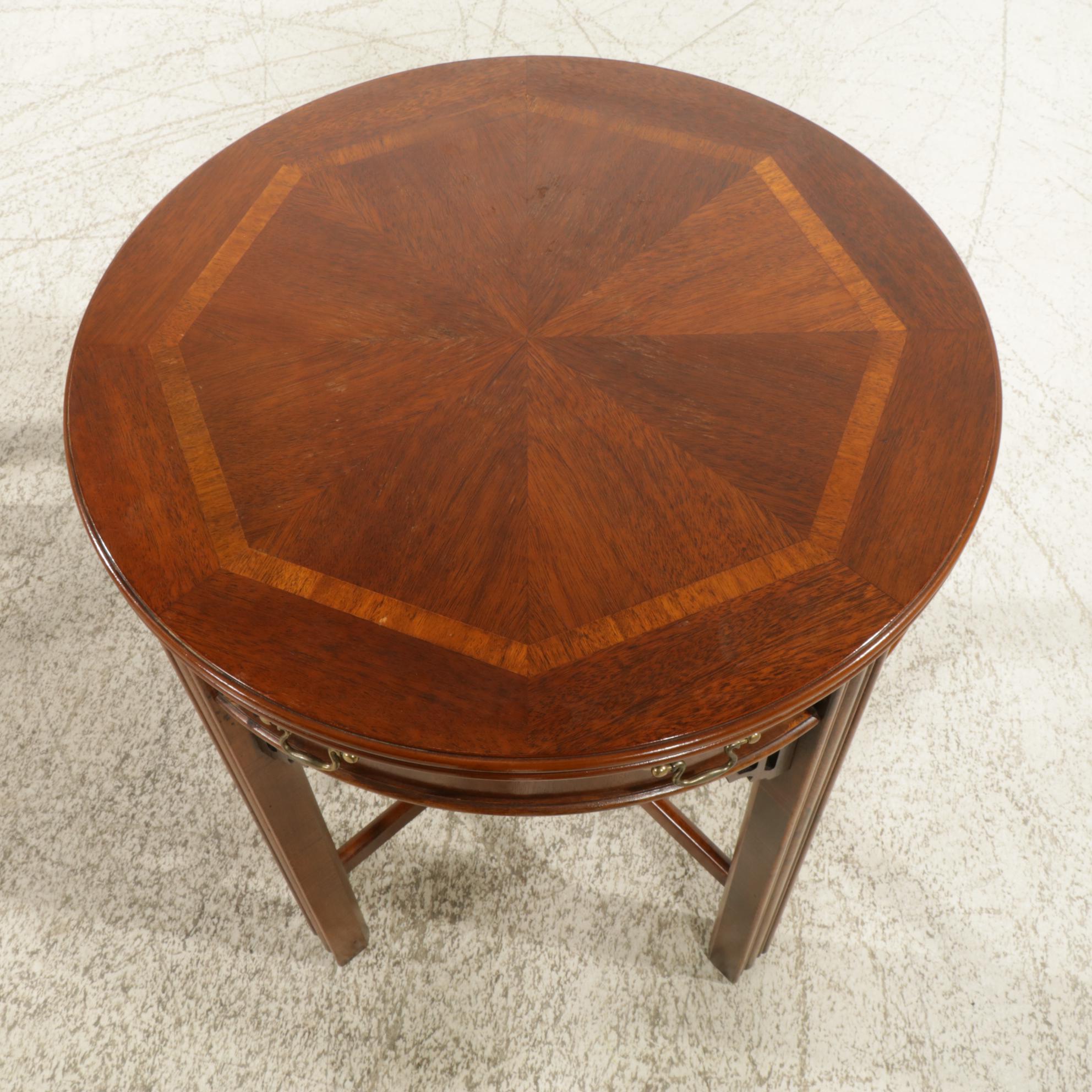 Pair of Lane Chinese Chippendale Style Banded Mahogany Round Side Tables
