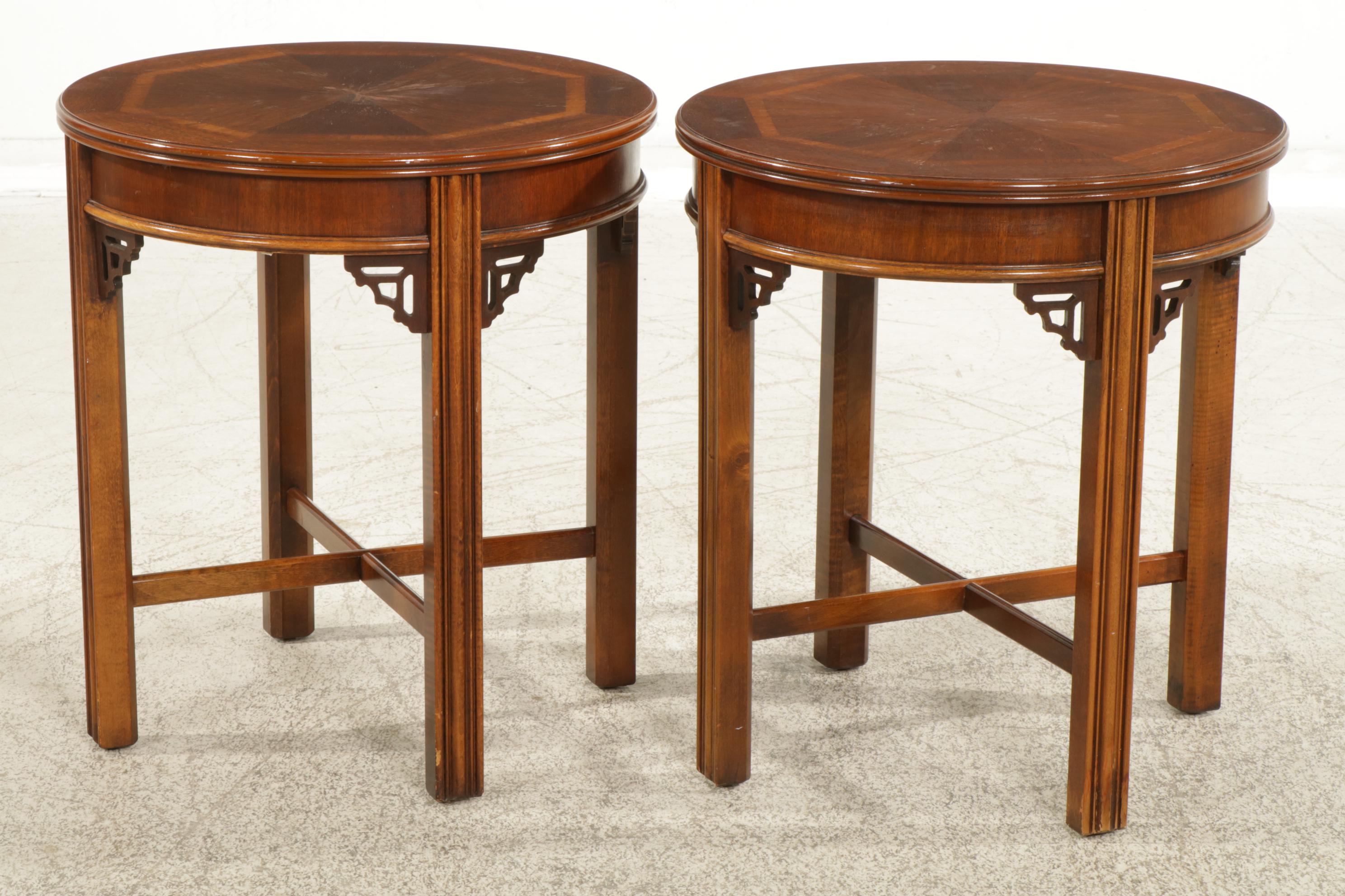 Pair of Lane Chinese Chippendale Style Banded Mahogany Round Side Tables