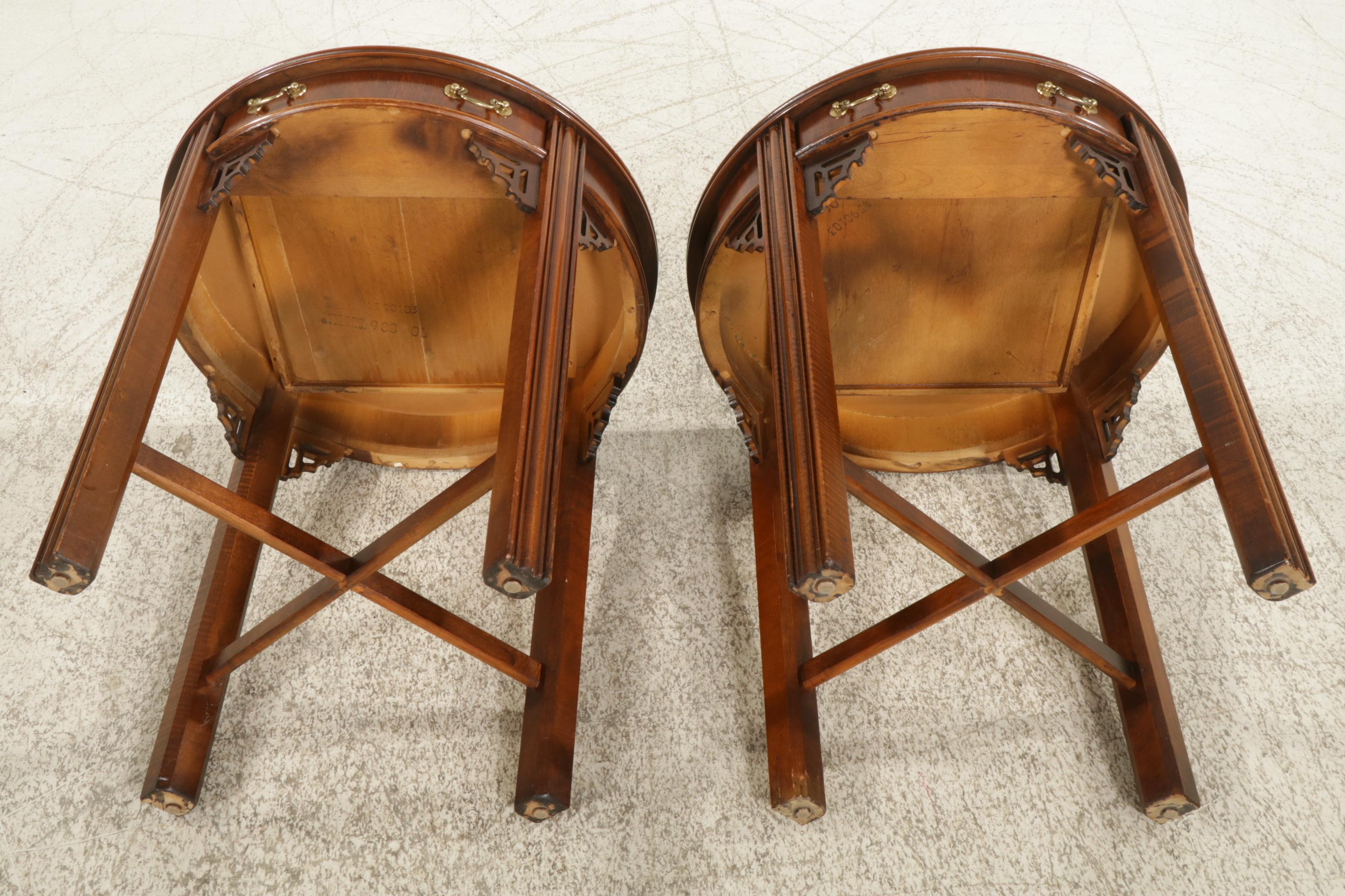 Pair of Lane Chinese Chippendale Style Banded Mahogany Round Side Tables