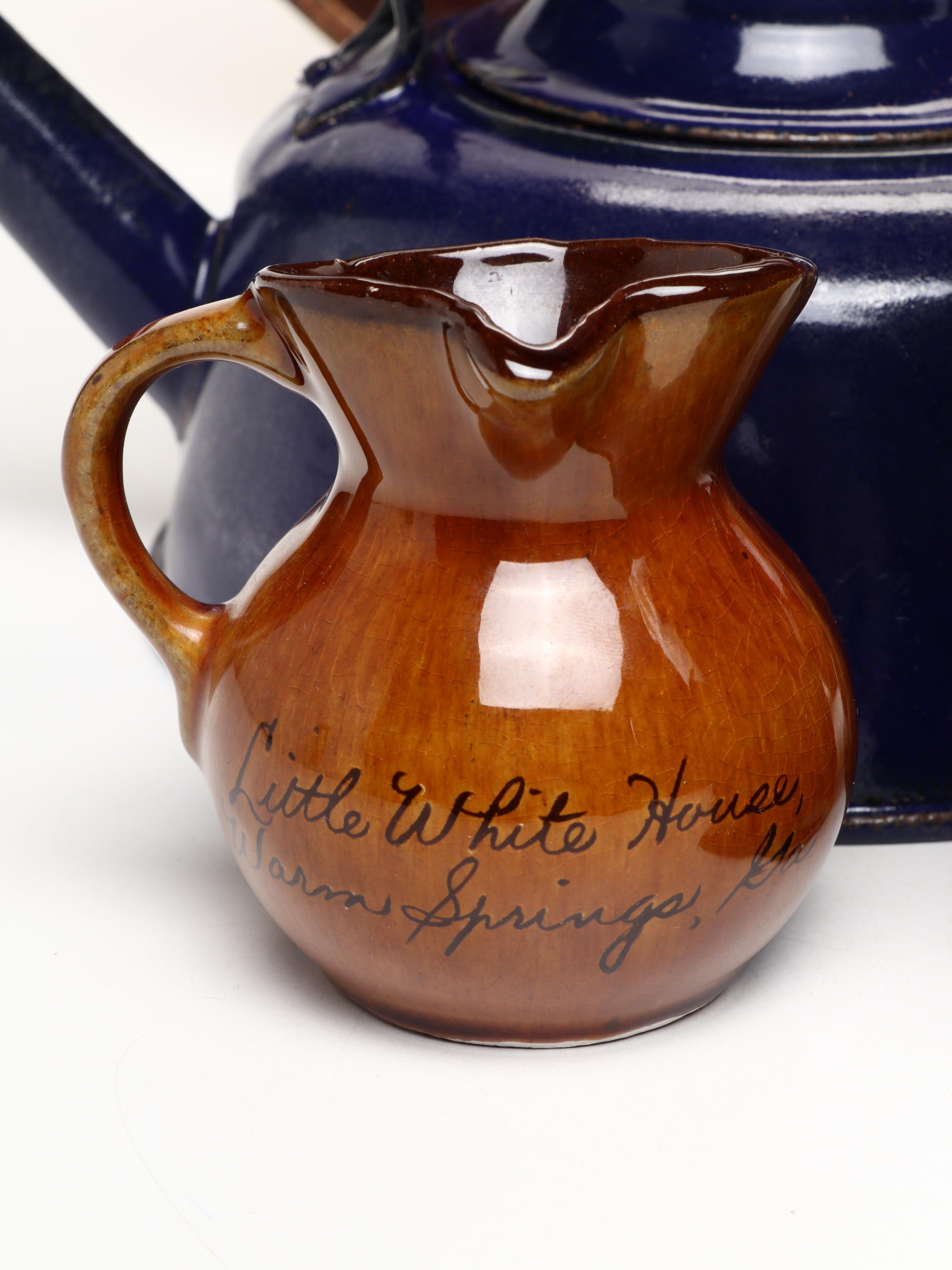 Studio Art Pottery Ball Jug, Ewer, Creamer, Pitcher and Bowl with Enamel Teapot