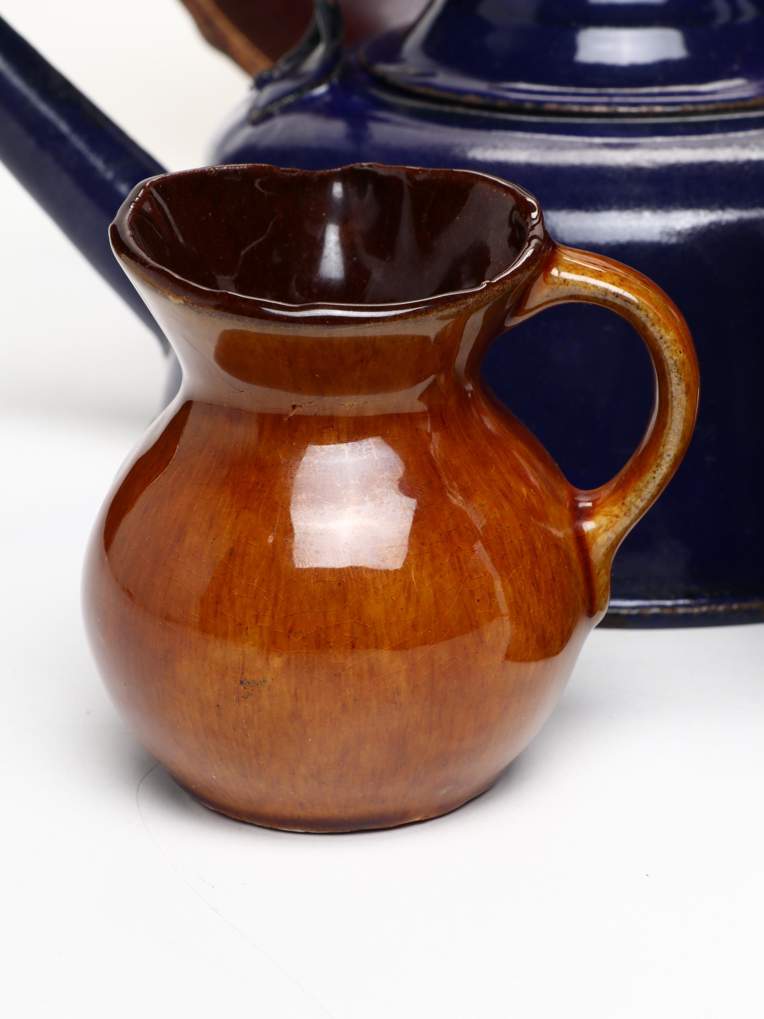 Studio Art Pottery Ball Jug, Ewer, Creamer, Pitcher and Bowl with Enamel Teapot