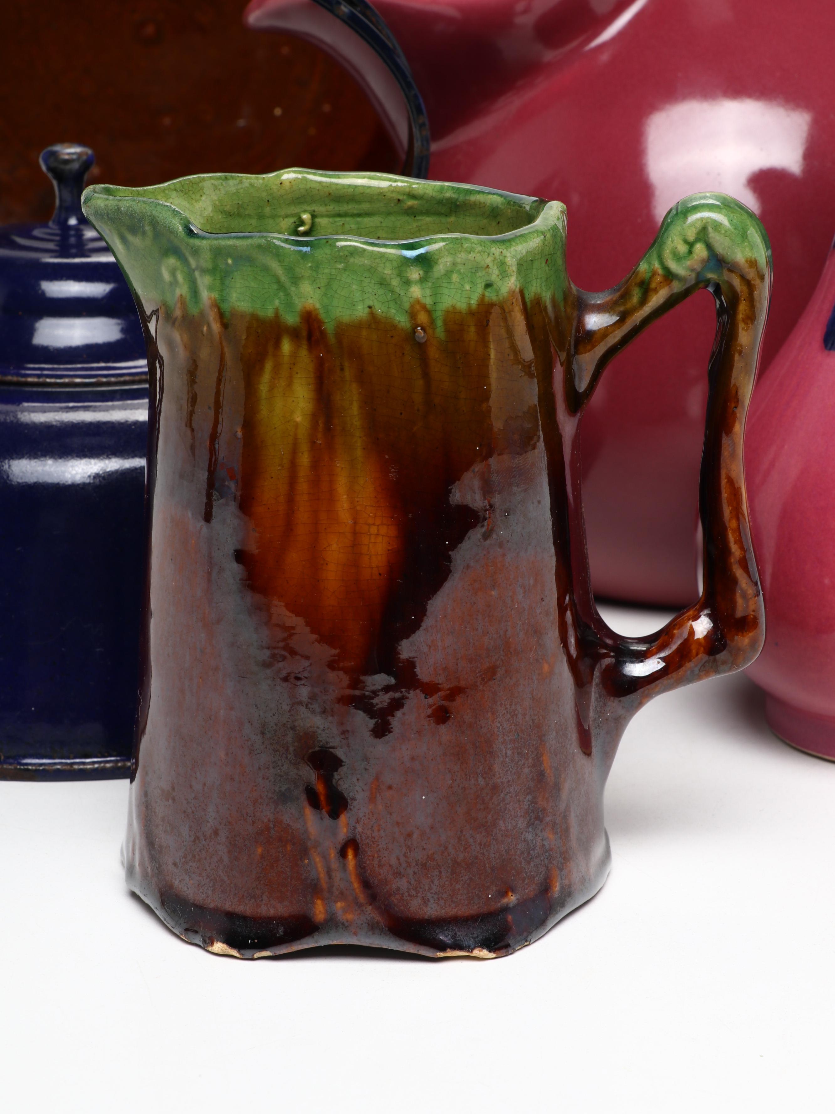 Studio Art Pottery Ball Jug, Ewer, Creamer, Pitcher and Bowl with Enamel Teapot