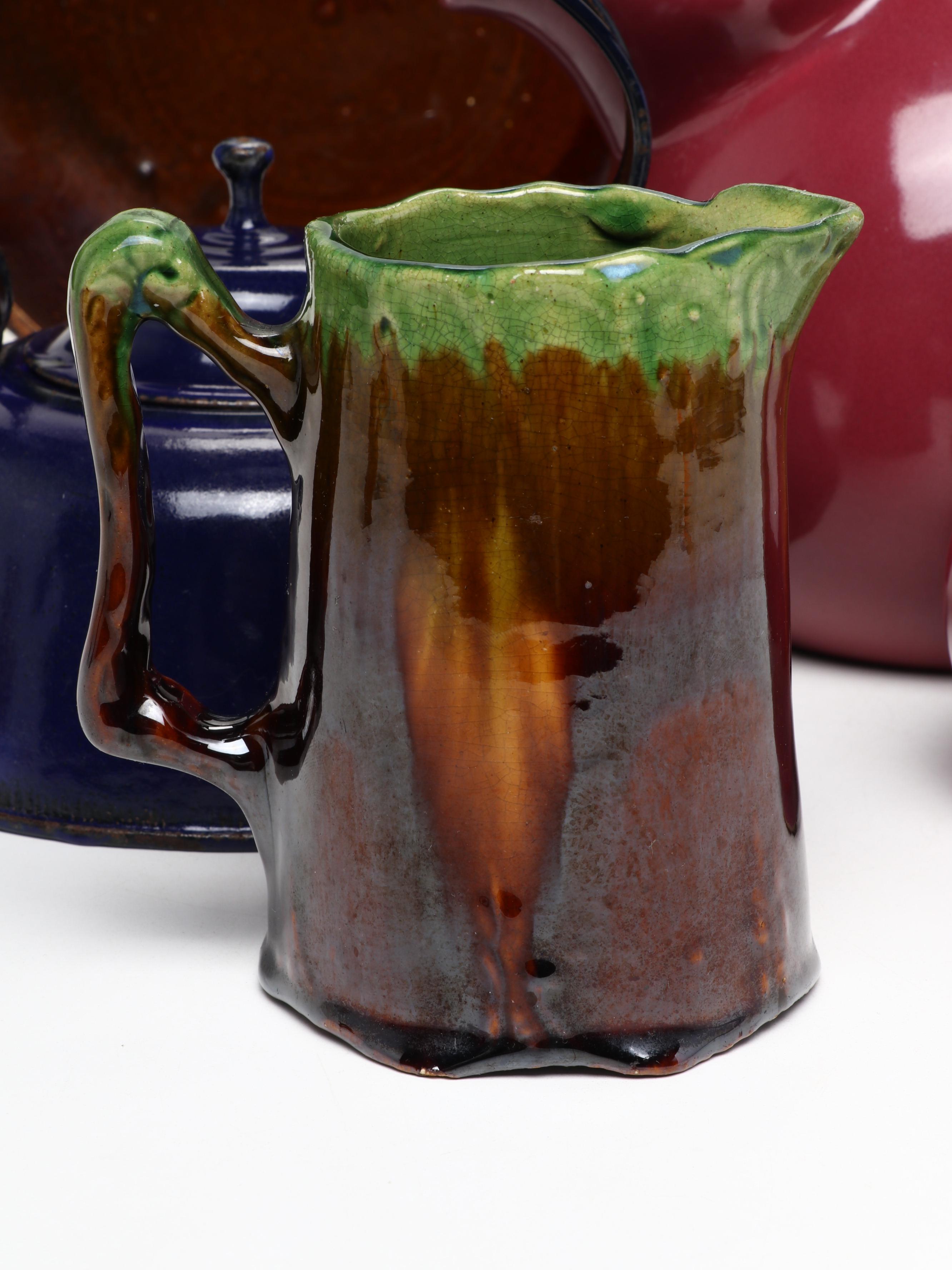 Studio Art Pottery Ball Jug, Ewer, Creamer, Pitcher and Bowl with Enamel Teapot