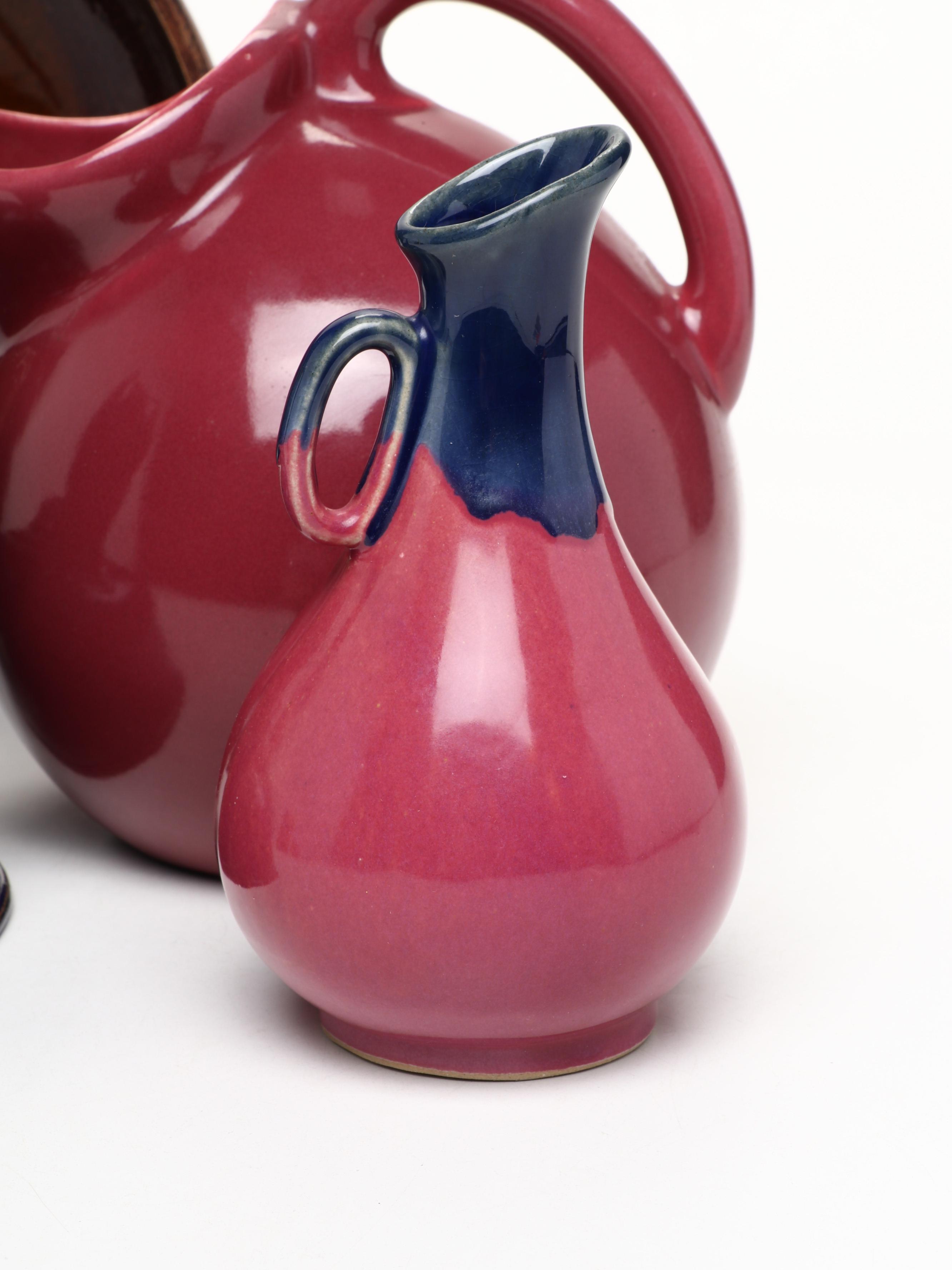 Studio Art Pottery Ball Jug, Ewer, Creamer, Pitcher and Bowl with Enamel Teapot