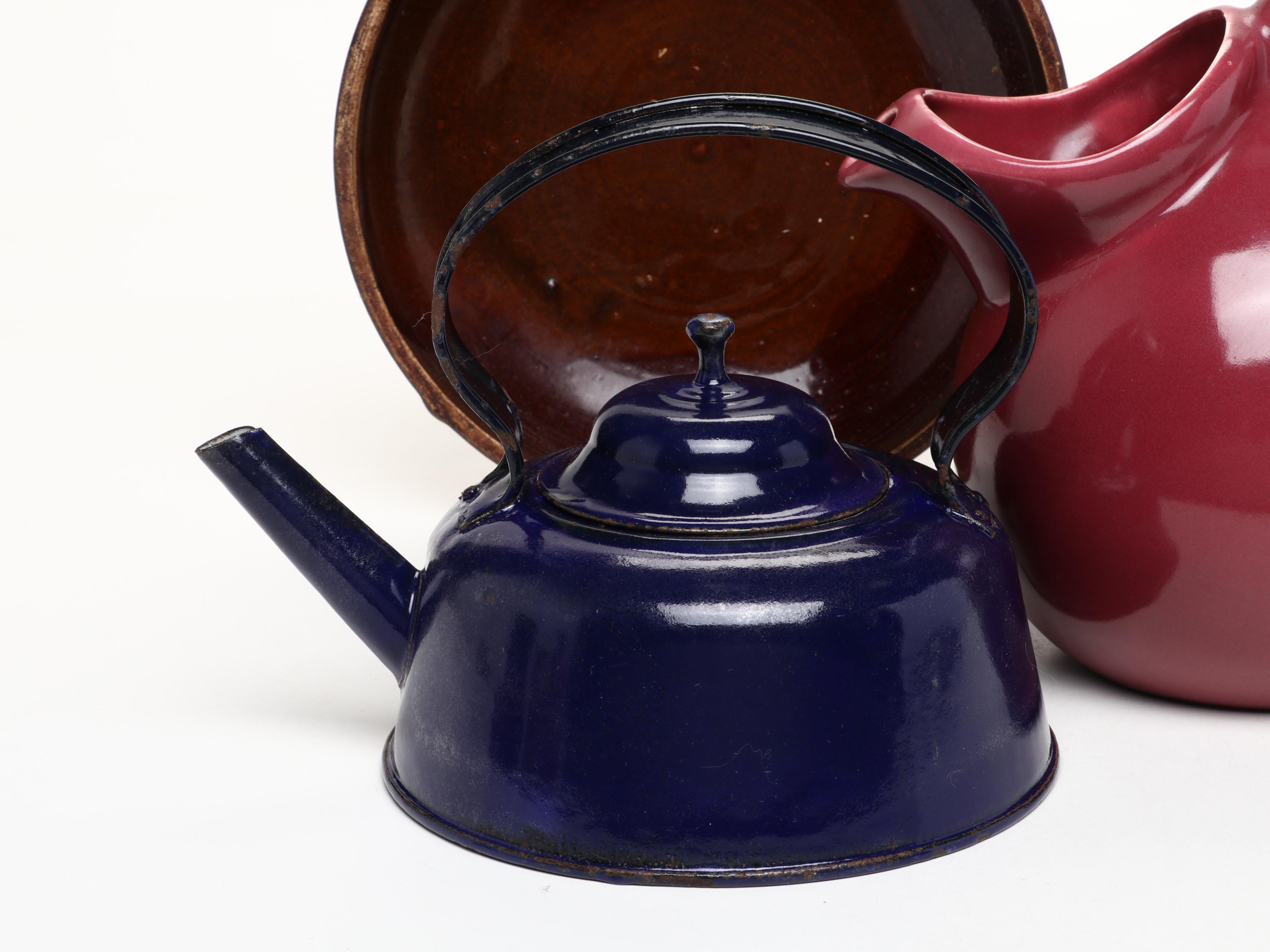 Studio Art Pottery Ball Jug, Ewer, Creamer, Pitcher and Bowl with Enamel Teapot