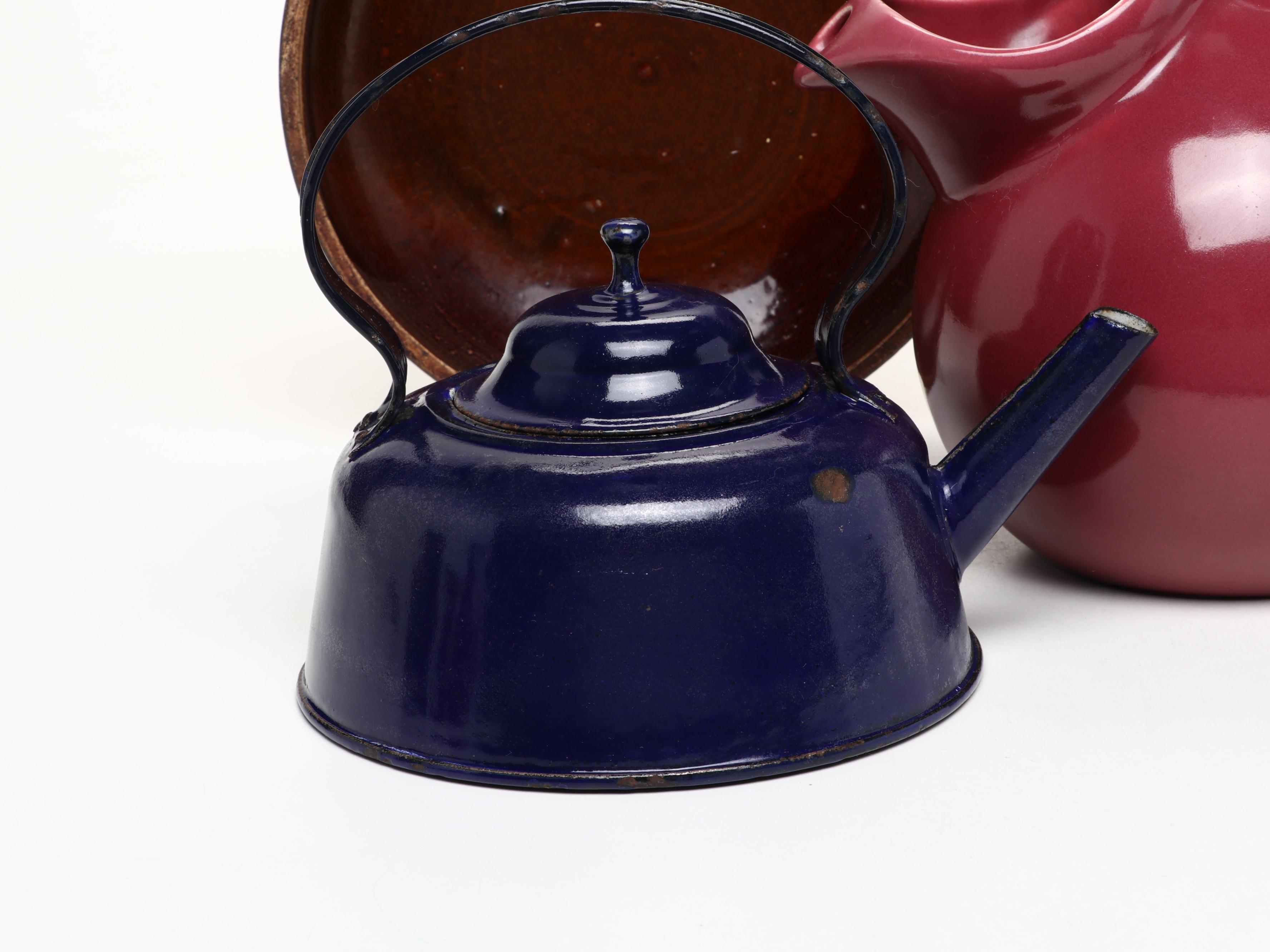 Studio Art Pottery Ball Jug, Ewer, Creamer, Pitcher and Bowl with Enamel Teapot