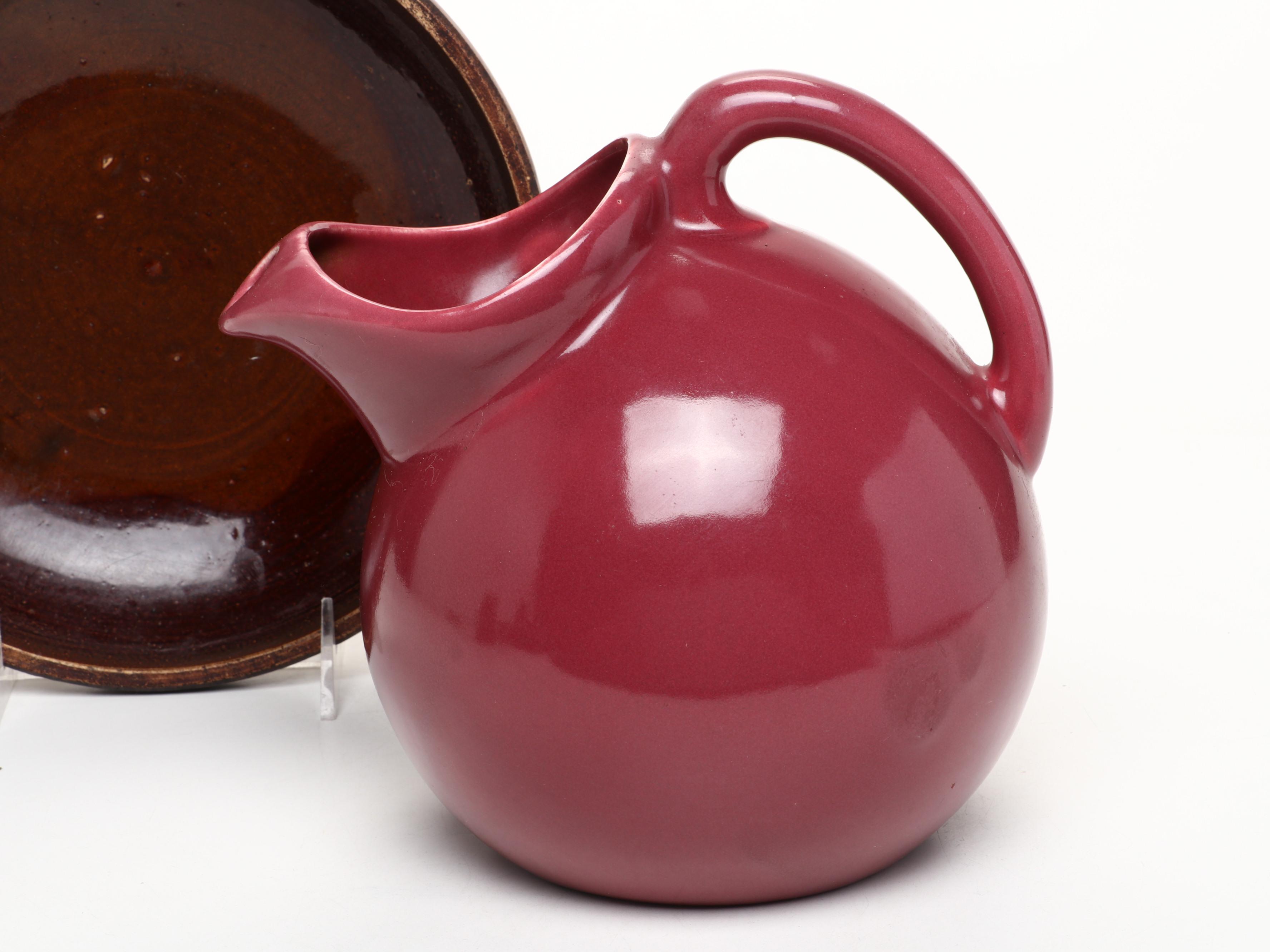 Studio Art Pottery Ball Jug, Ewer, Creamer, Pitcher and Bowl with Enamel Teapot