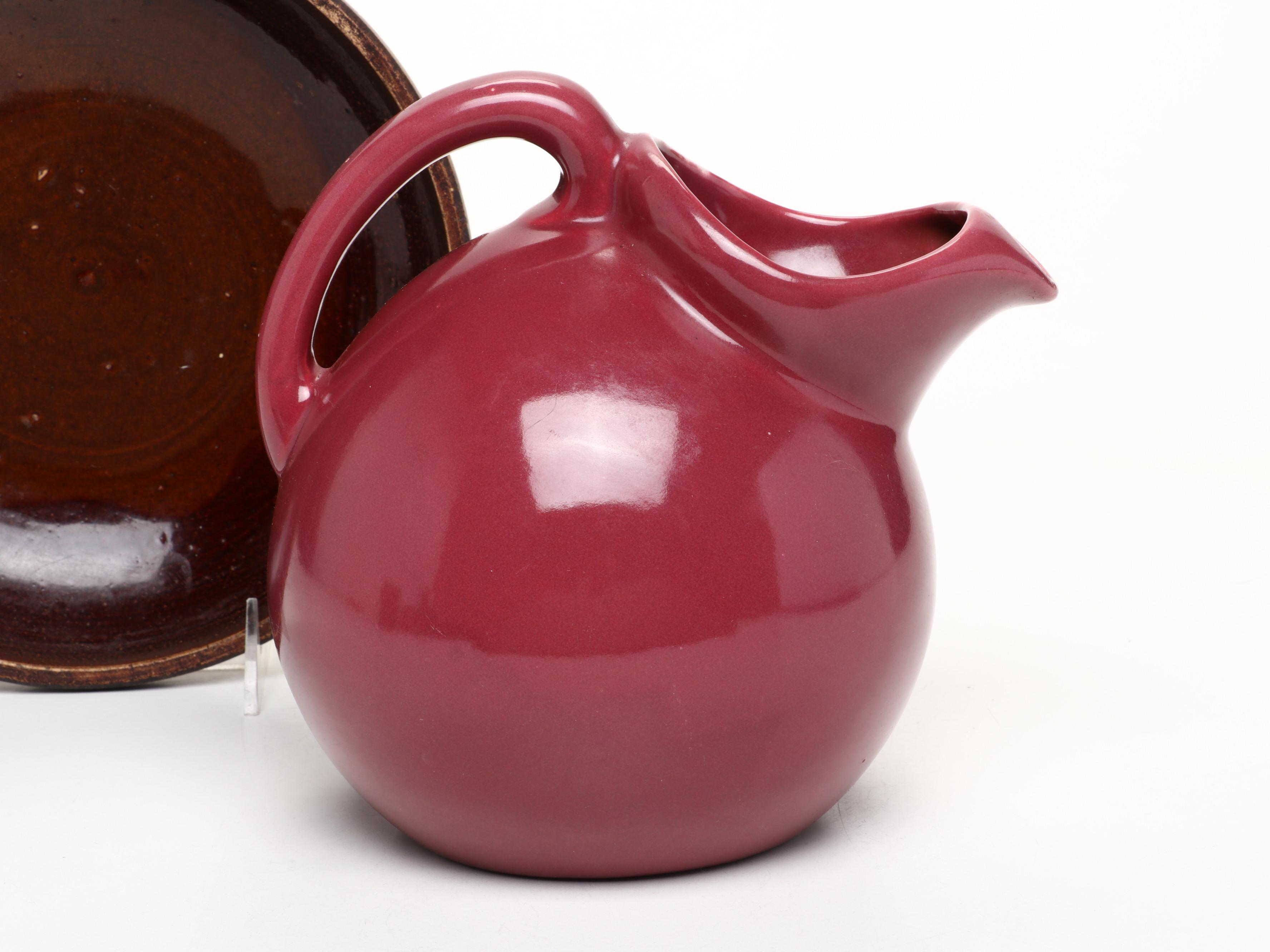 Studio Art Pottery Ball Jug, Ewer, Creamer, Pitcher and Bowl with Enamel Teapot