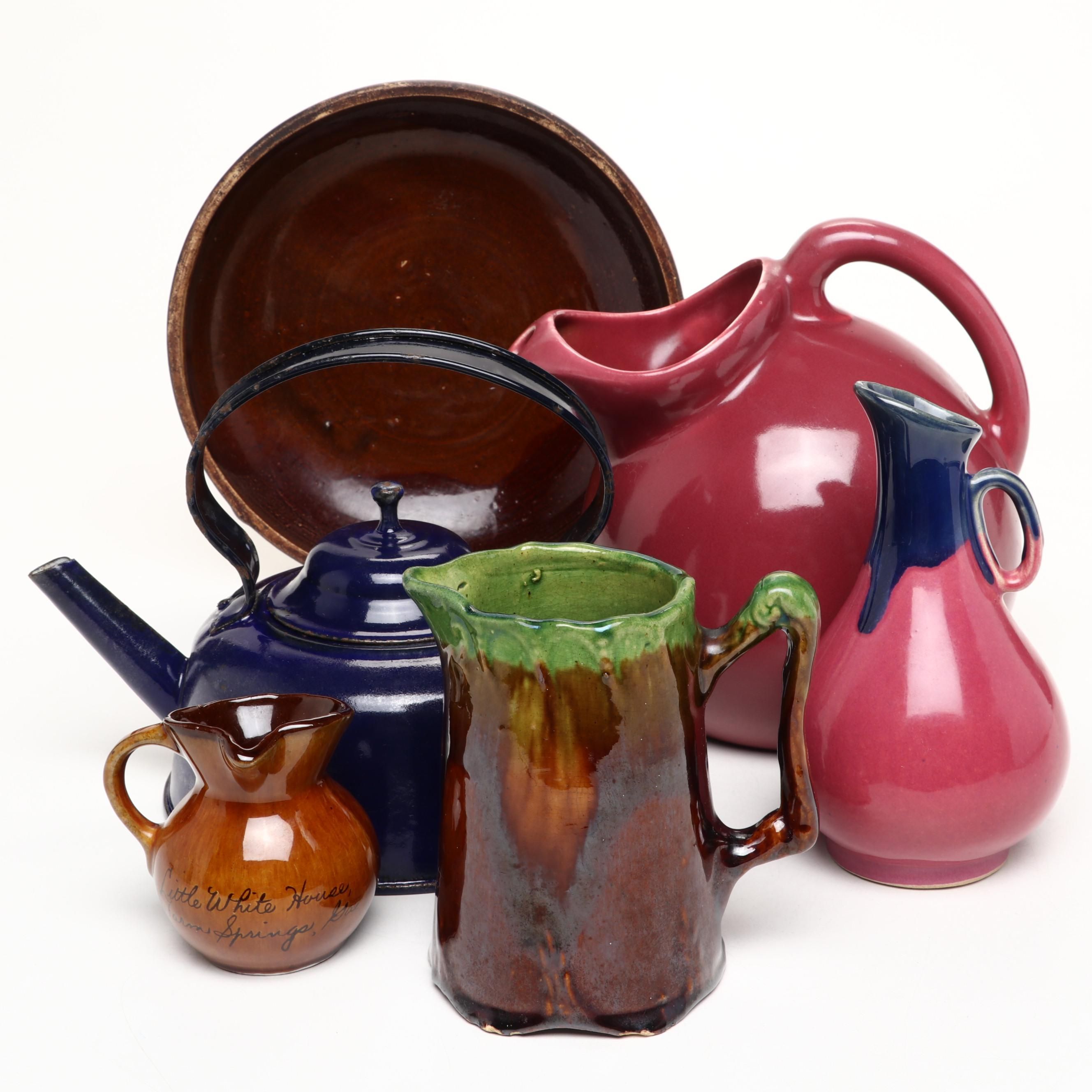 Studio Art Pottery Ball Jug, Ewer, Creamer, Pitcher and Bowl with Enamel Teapot