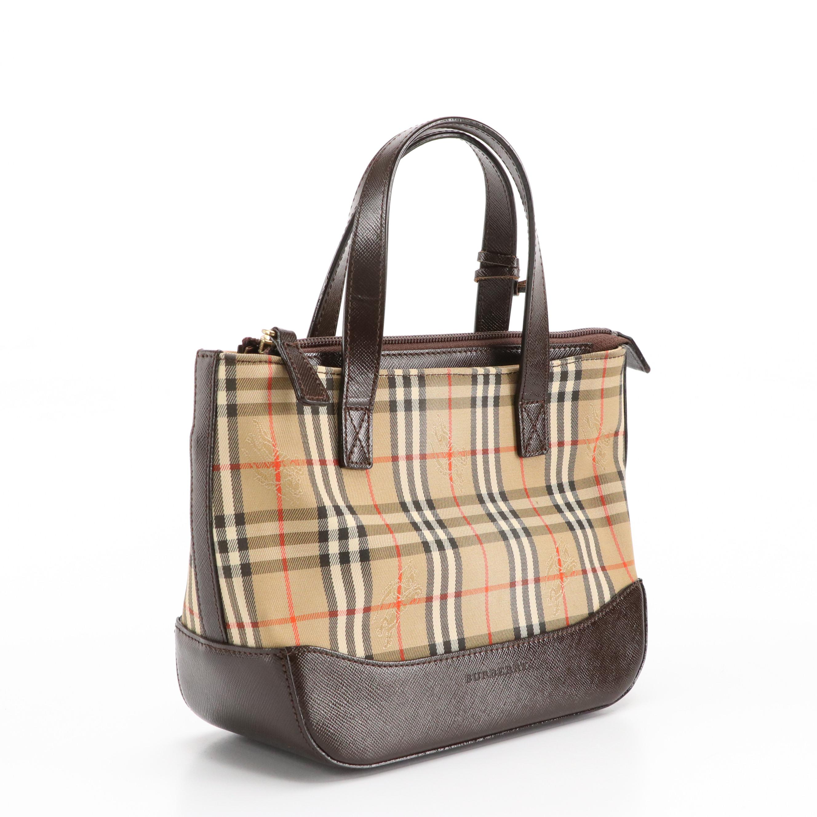 Burberry Haymarket Check Canvas Mini Tote with Brown Saffiano Leather Trim