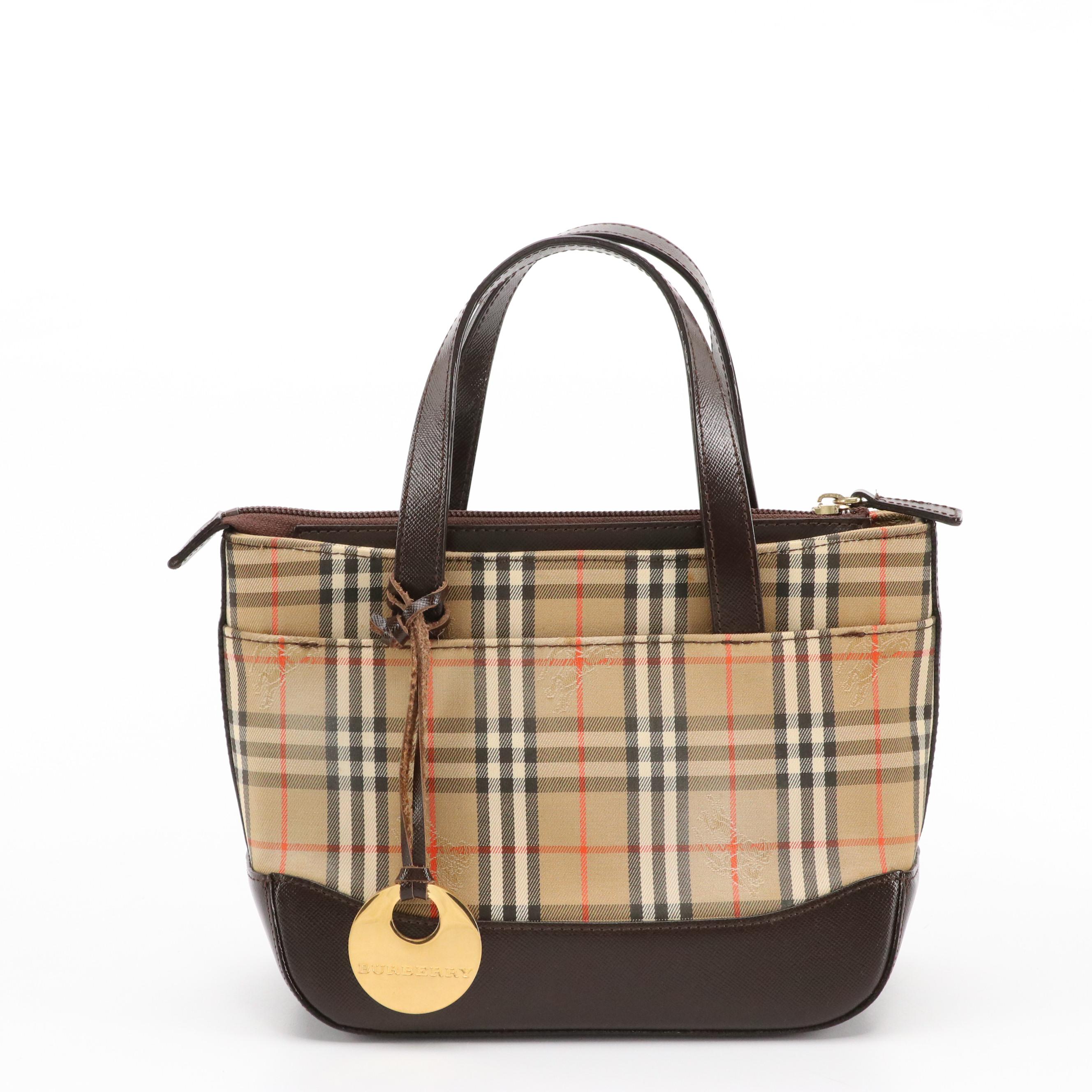 Burberry Haymarket Check Canvas Mini Tote with Brown Saffiano Leather Trim