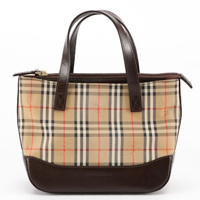 Burberry Haymarket Check Canvas Mini Tote with Brown Saffiano Leather Trim Burberry Haymarket Check Canvas Mini Tote with Brown Saffiano Leather Trim