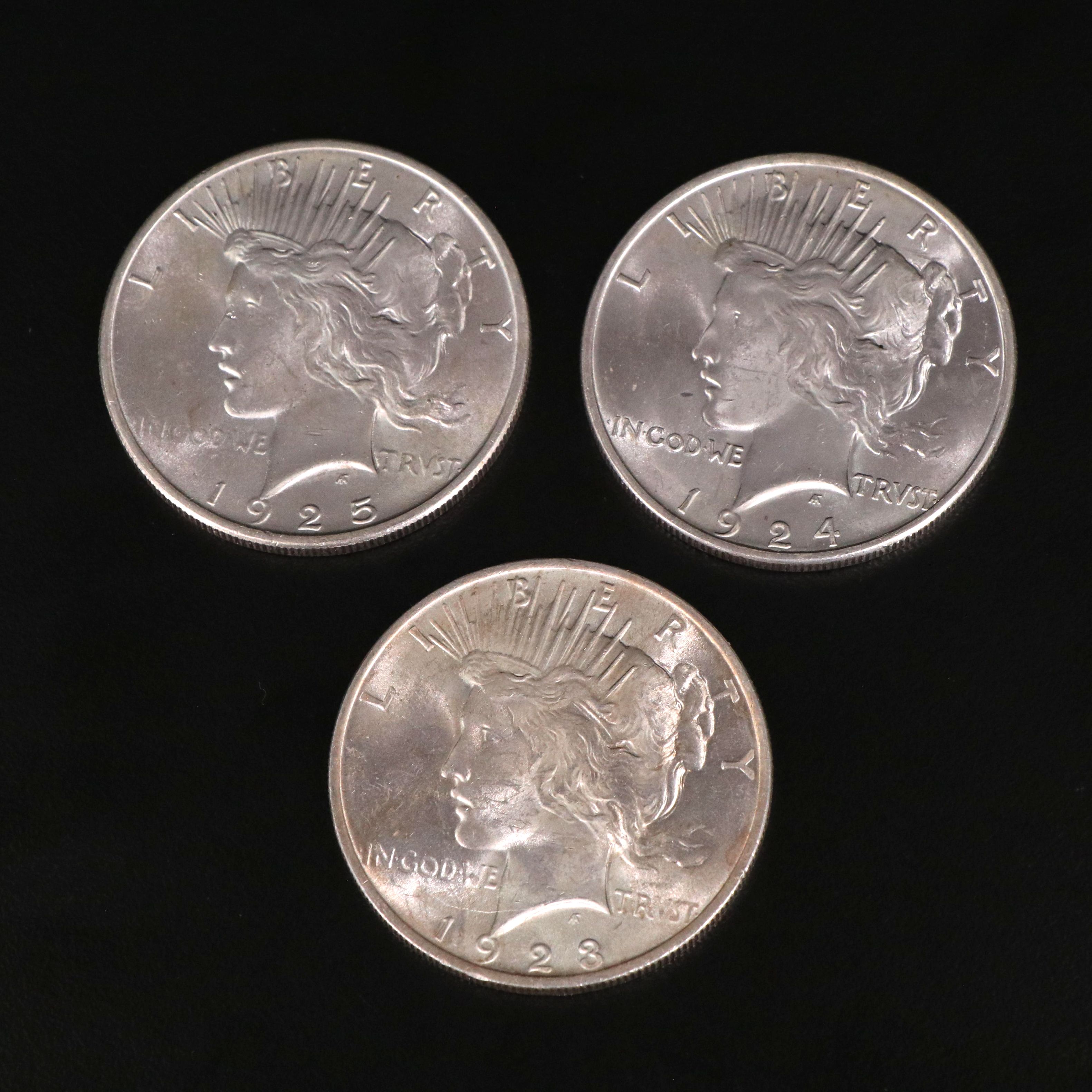Three U.S. Silver Peace Dollars 1923, 1924, and 1925