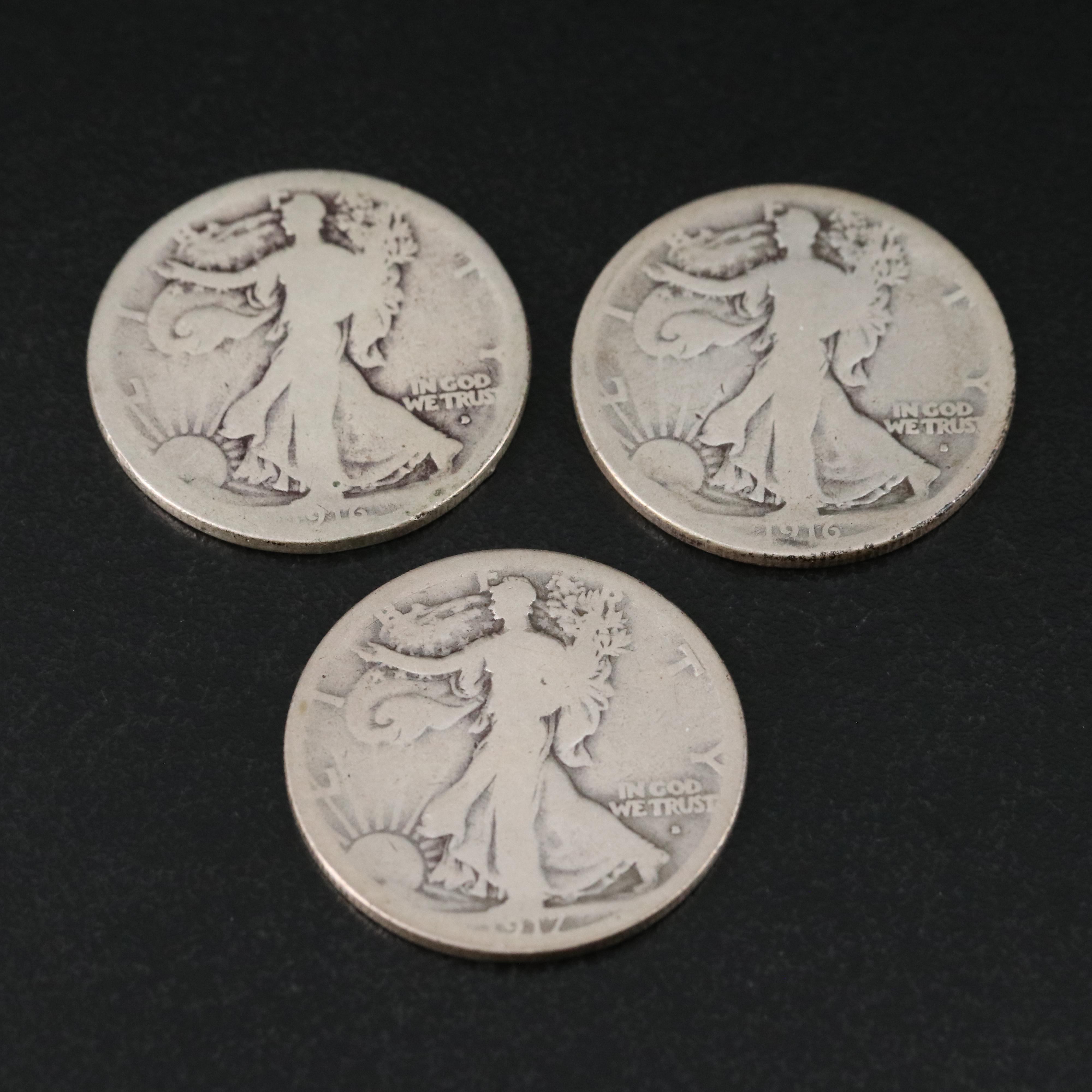 3 Walking Liberty Half Dollars, Obverse Mint Marks 1916-D, 1916-S, and 1917-S