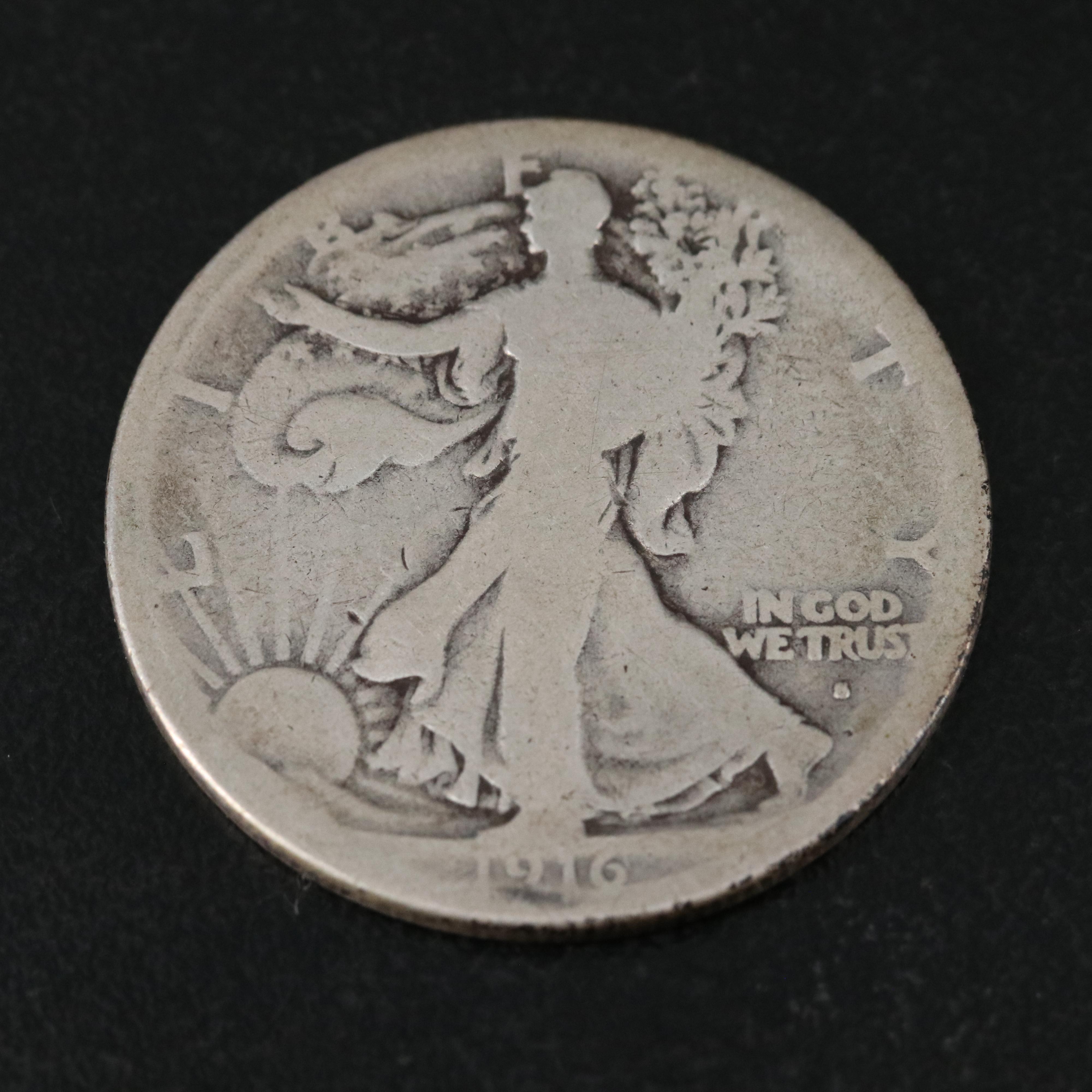 3 Walking Liberty Half Dollars, Obverse Mint Marks 1916-D, 1916-S, and 1917-S