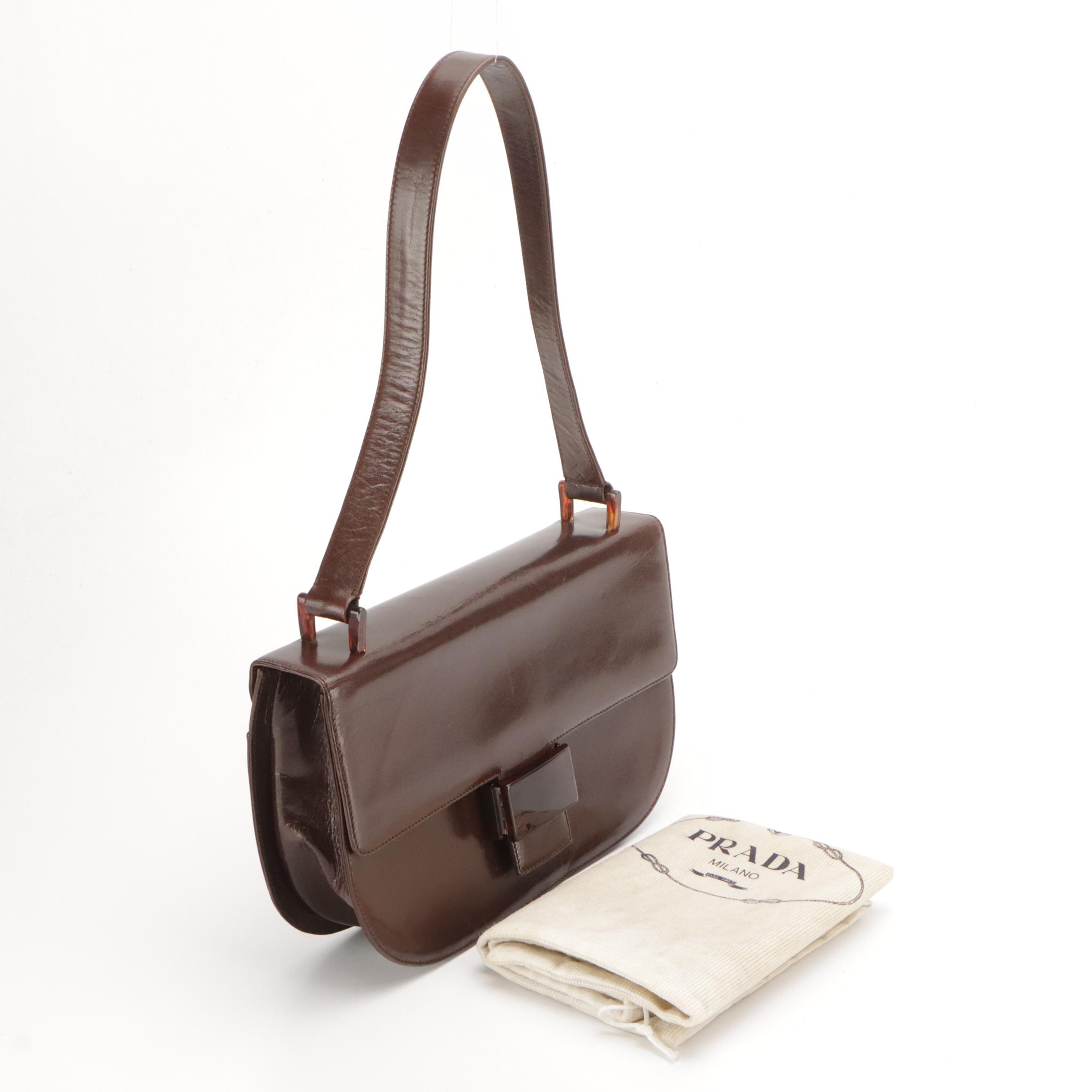 Prada Brown Leather Flap-Front Top Handle Shoulder Bag