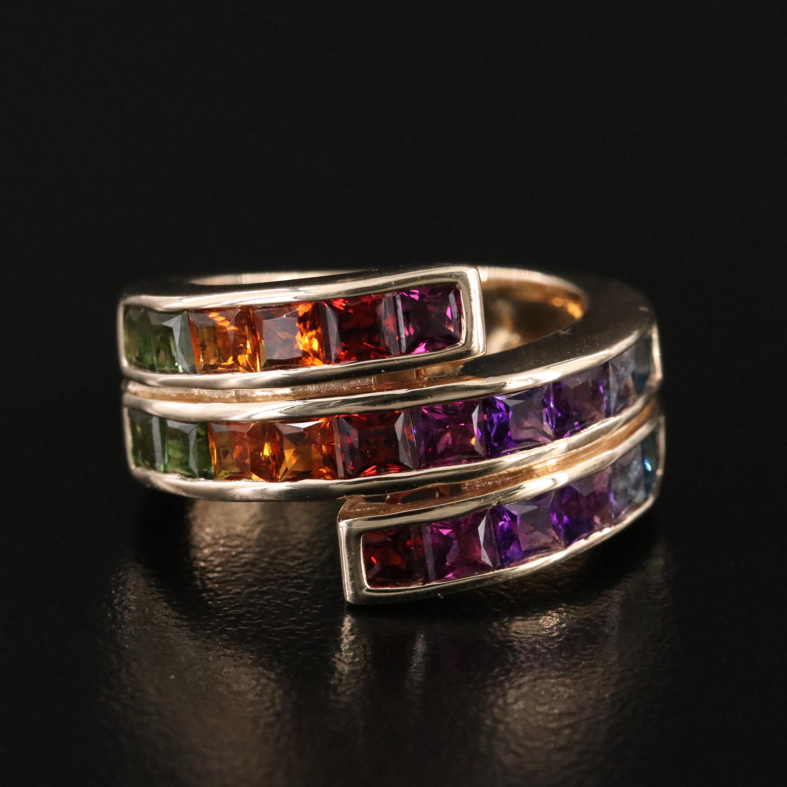 14K Multi-Gemstone Channel Set Wrap Ring Featuring Amethyst, Garnet & Tourmaline