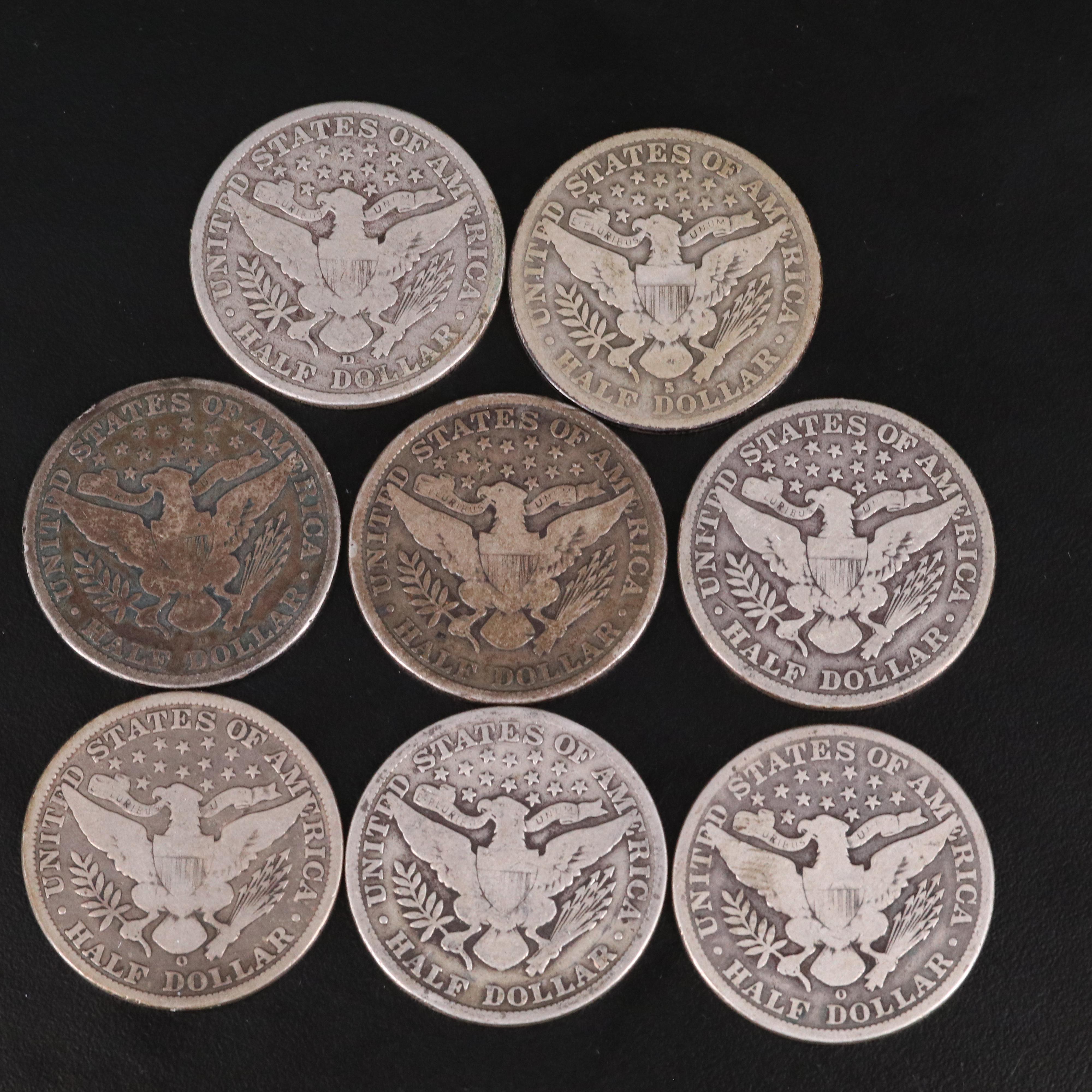Group of Eight Silver Barber Half Dollars Including a 1901-O