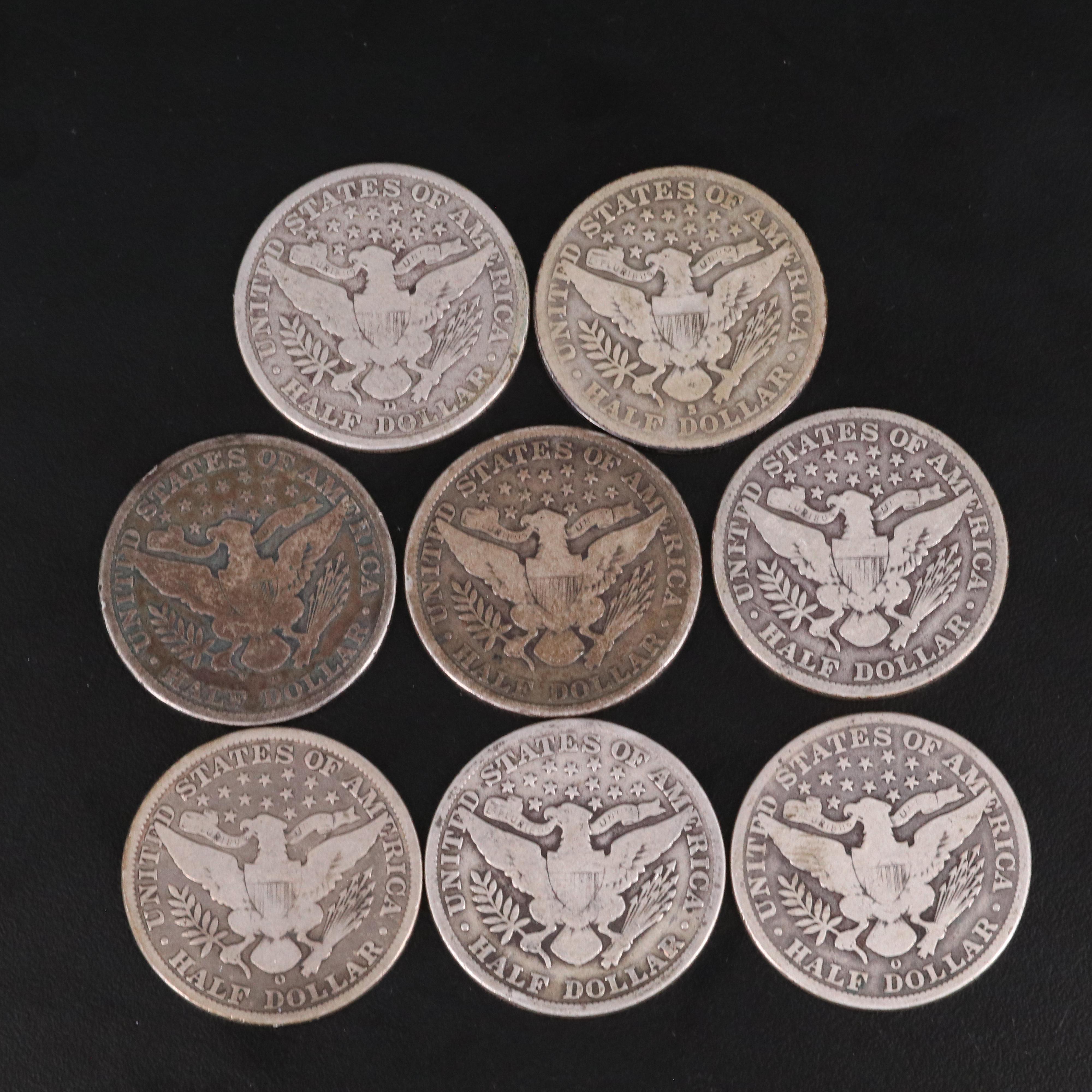Group of Eight Silver Barber Half Dollars Including a 1901-O