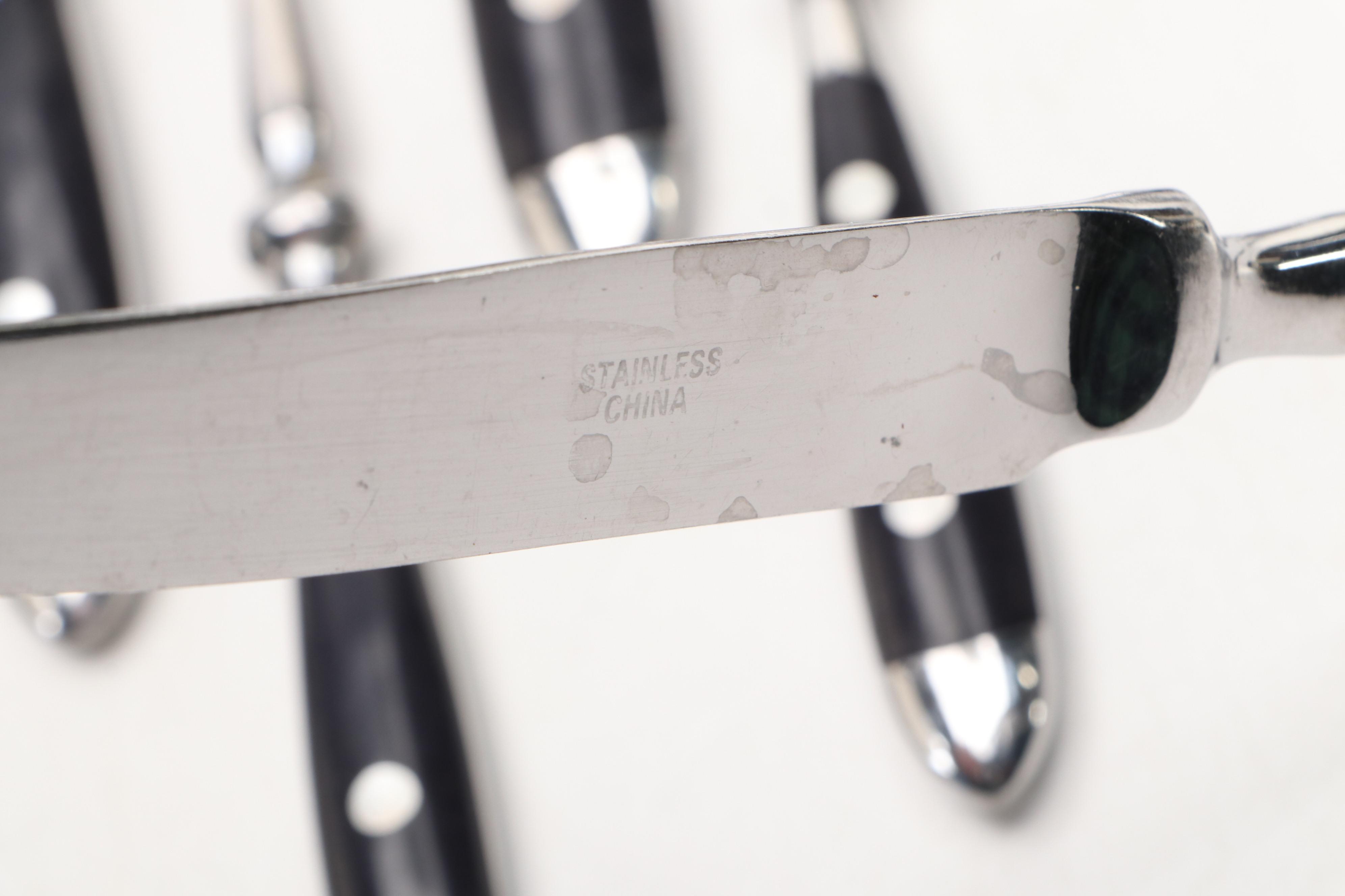 Rivet Handle Stainless Steel Flatware with Black Ceramic Plates