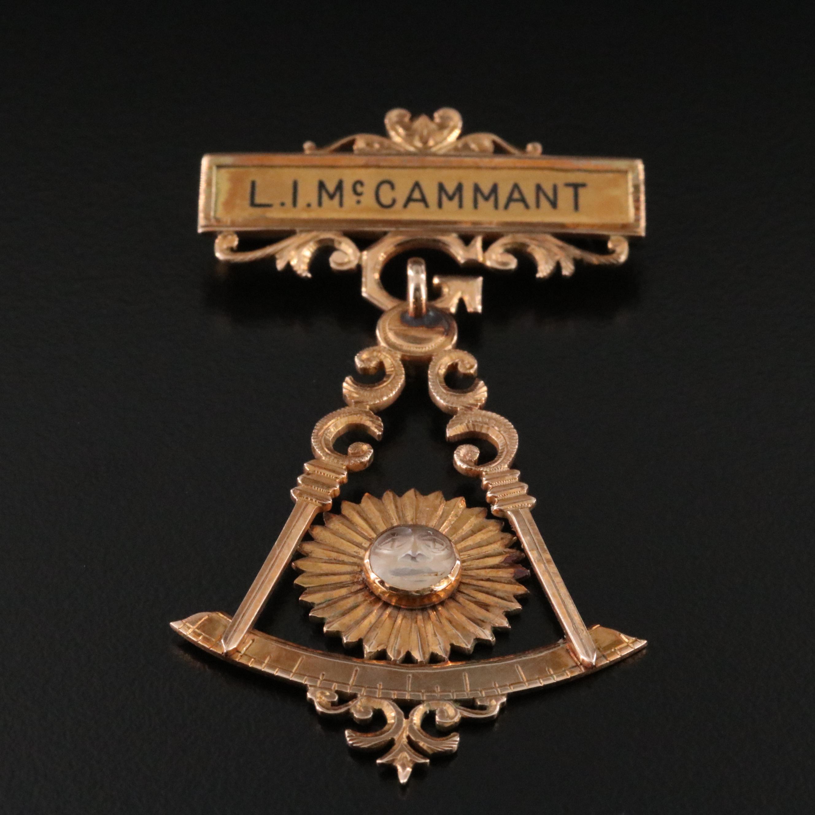 Masonic 10K Carved Moonstone Pin
