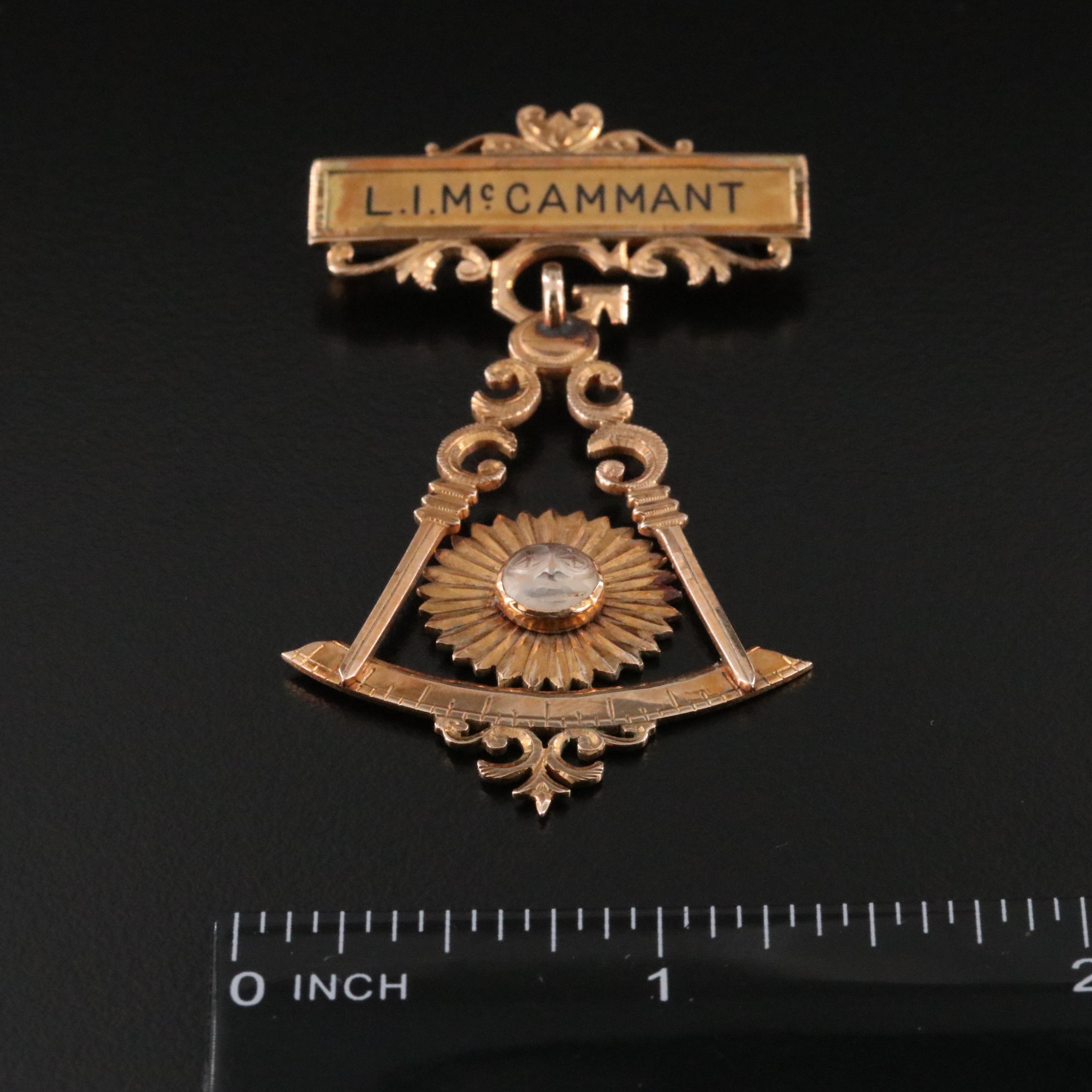Masonic 10K Carved Moonstone Pin