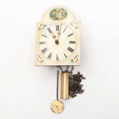 German Painted and Stencil Decorated Wood Weight Driven Wall Clock German Painted and Stencil Decorated Wood Weight Driven Wall Clock
