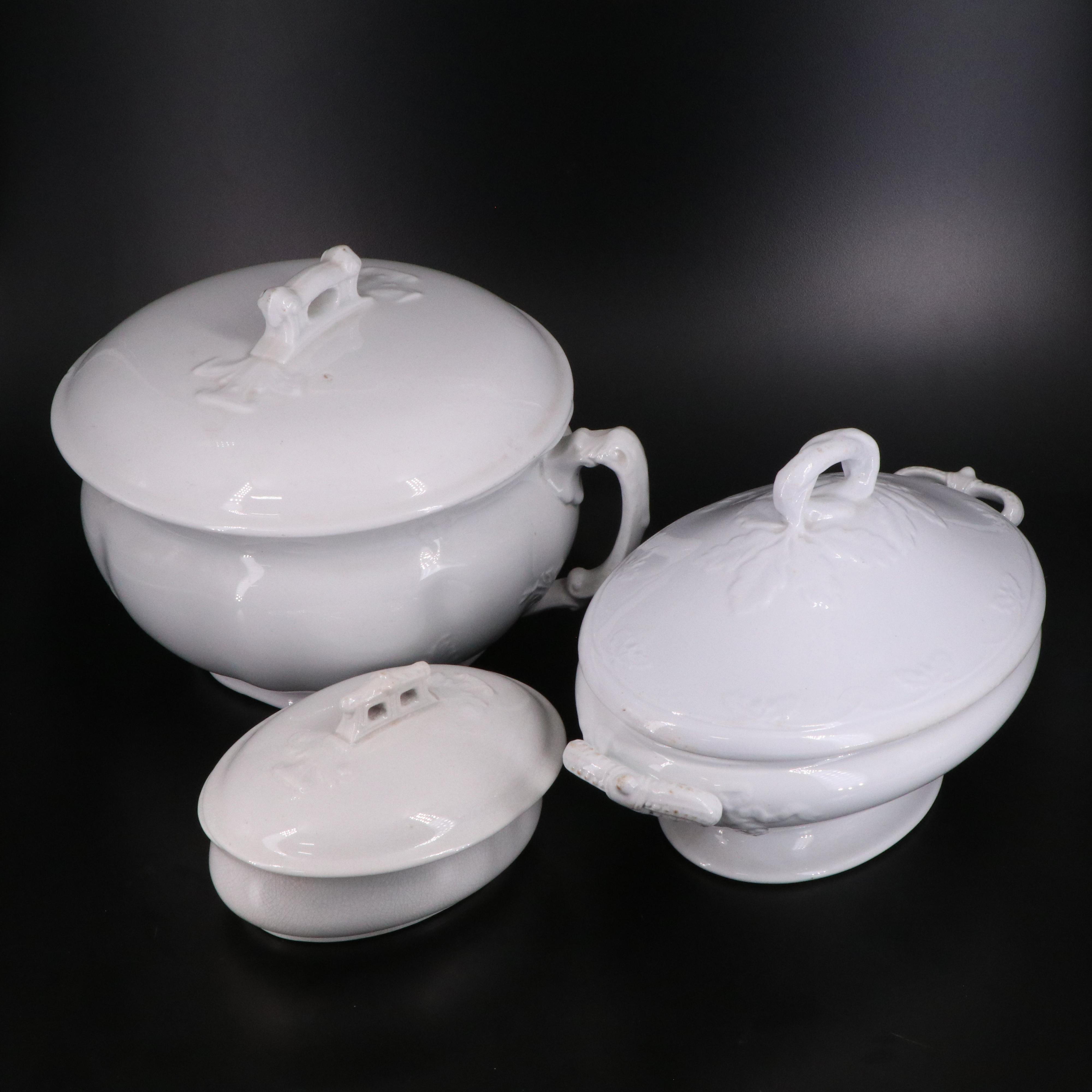 J & G Meakin Tureen with Other English Ironstone Chamber Pot and Soap Dish