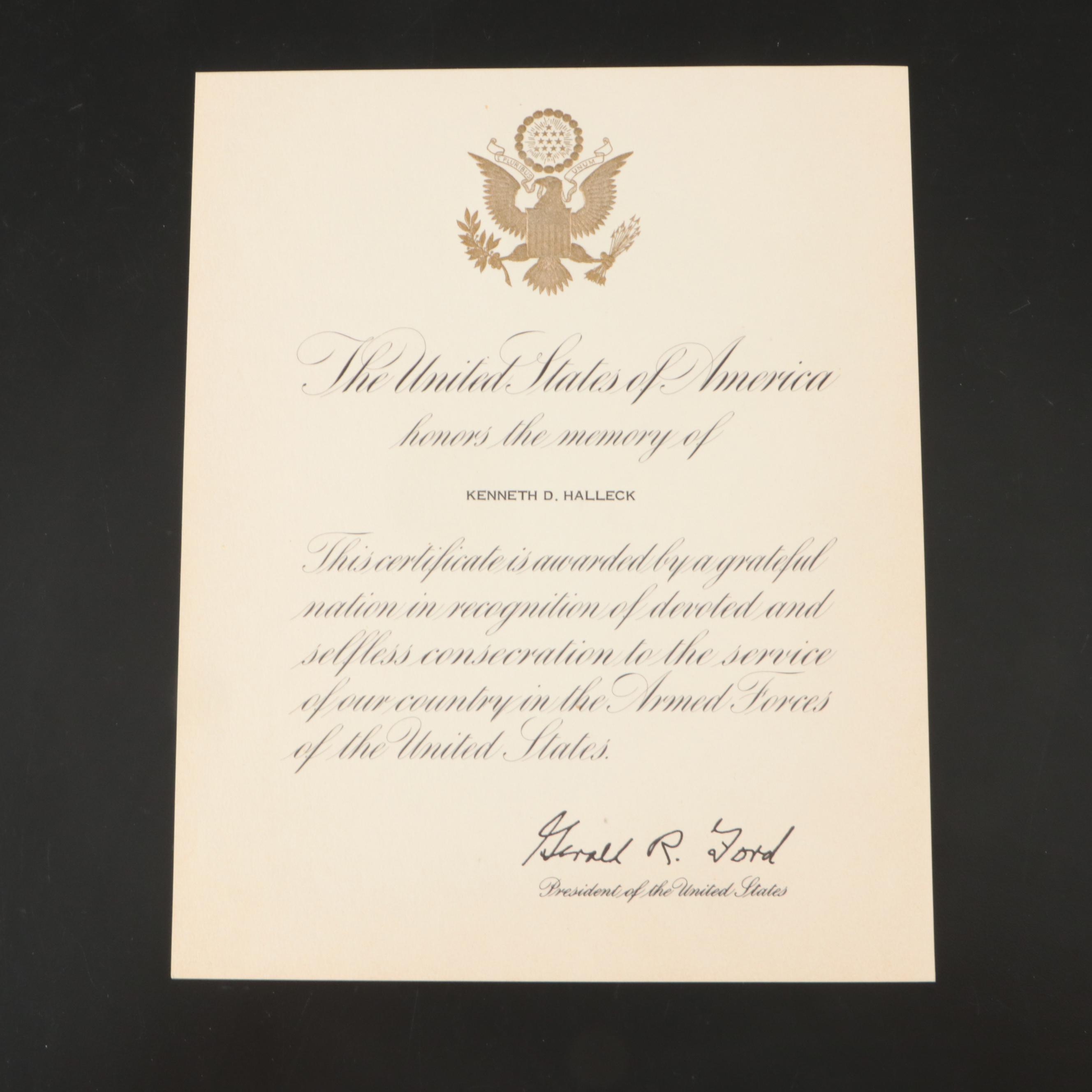 Gerald Ford Autopen Signed Award Certificate, 1974