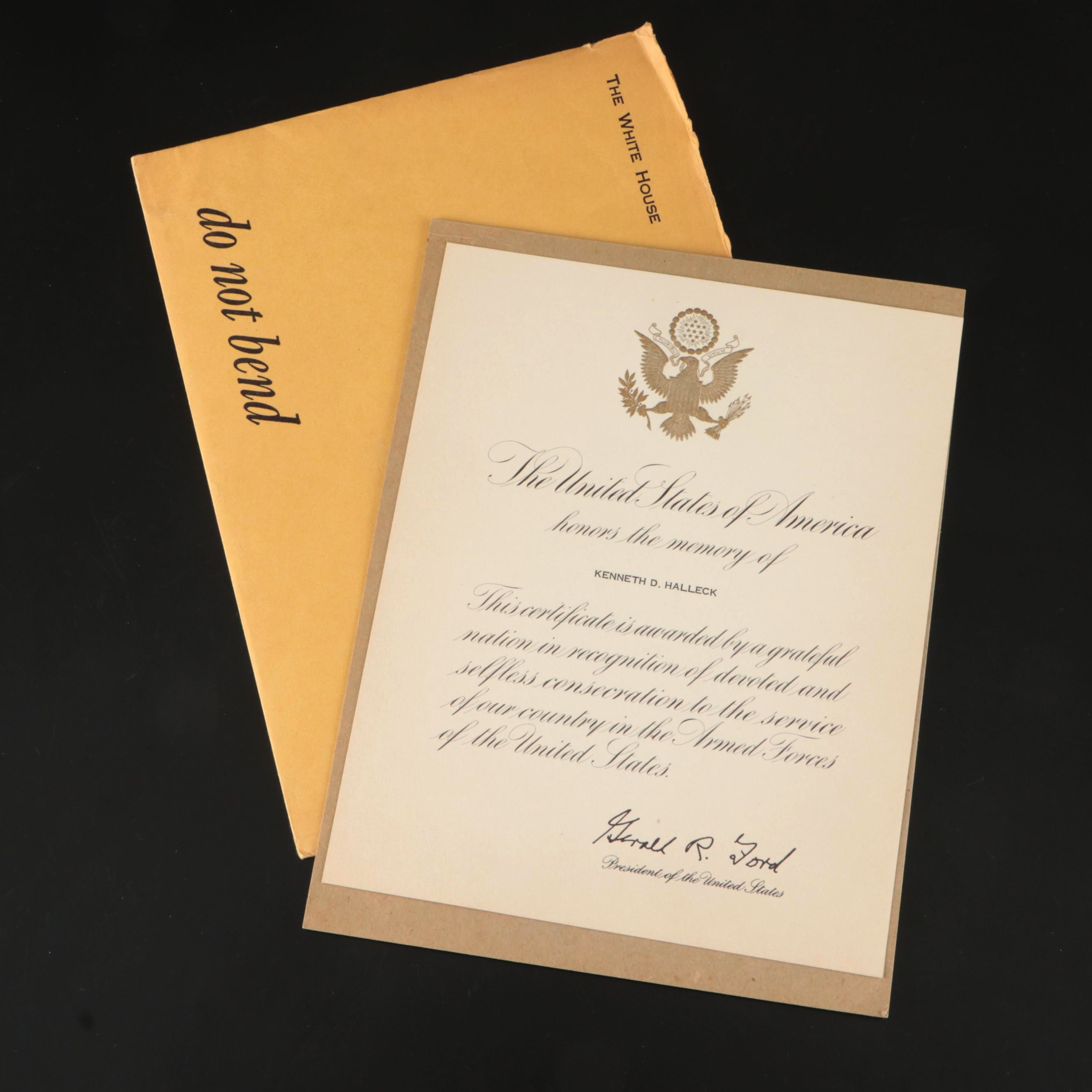 Gerald Ford Autopen Signed Award Certificate, 1974