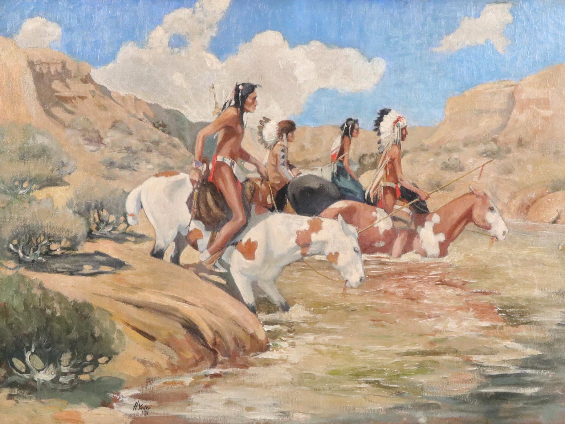 Harold Yeiter Western Genre Oil Painting of Naitve Americans on Horseback, 1931