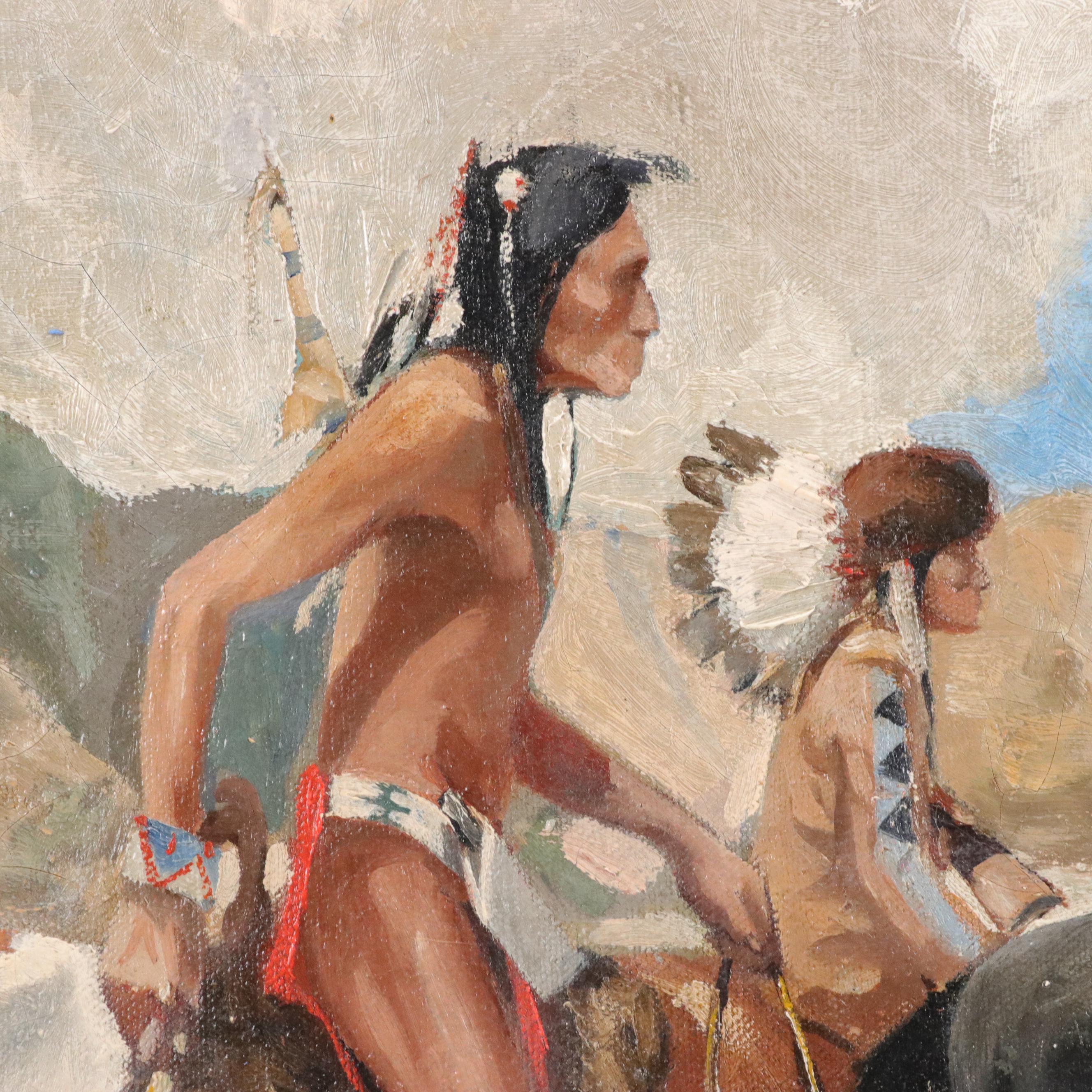 Harold Yeiter Western Genre Oil Painting of Naitve Americans on Horseback, 1931