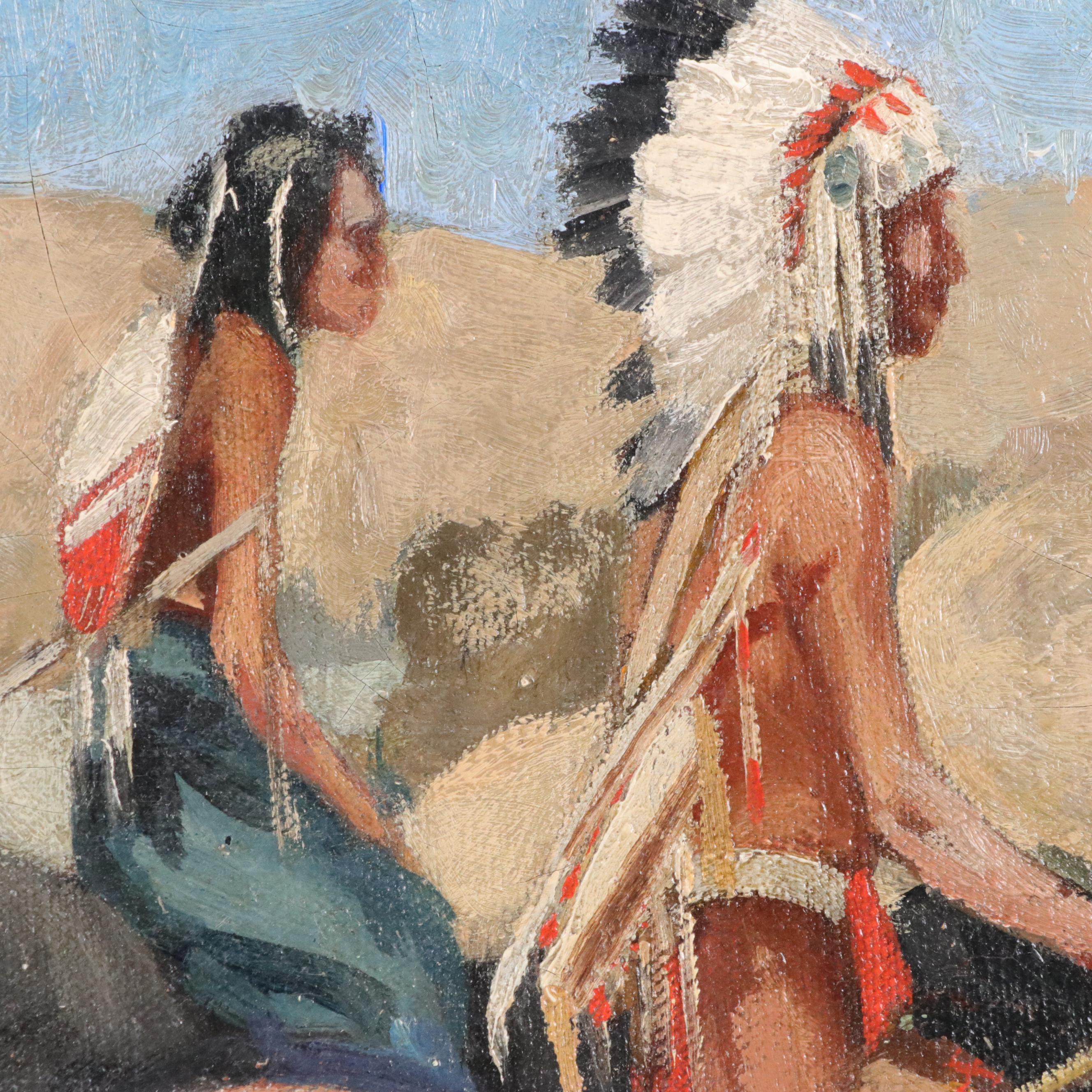 Harold Yeiter Western Genre Oil Painting of Naitve Americans on Horseback, 1931